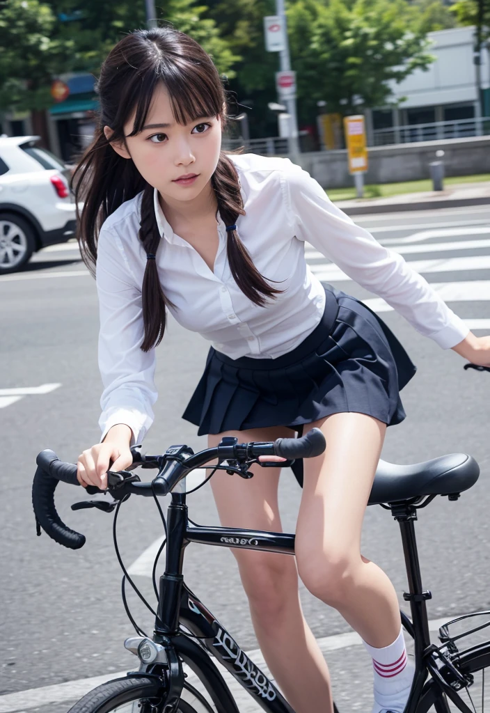 true photo, 12-years-old, Japanese girl, (riding bicycle on park road:1.4), wearing white blouse with collar and black skinny very short skirt, big breast, cleavage, (show white panties:2), (underwear disclosed), without jacket, open some buttons to show brassiere, black skinny short skirt, (riding bicycle without helmet:1.2), sitting on bicycle saddle, (view including whole head and body and legs:1.4), weeping, crying, sad, dropping tears, thin and narrow waist 1belt, wearing thin and round frame glasses on face, brassiere seen through, standing in bright office, full body view, best quality, masterpiece, ultra high res, (photorealistic:1.4), brown eyes, double edged eyelids, slightly symmetric eyes, black long hair, (extremely detailed natural human skin), detailed natural human hair, detailed natural hum lips, looking at viewer, (detailed clothes:1.2), (extremely detailed eyes and face), 8k, RAW photo
