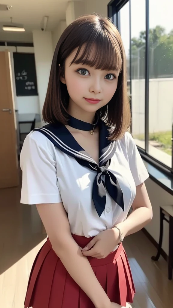 ((Highest quality, 8K, masterpiece :1.3)), 1 innocent girl:1.3, (short hair,Sailor suit,Beautiful breasts :1.2 ),Ultra mini skirt, Highly detailed face, Beautiful Eyes, double eyelid,whole body,Cute face,Sitting,(Realistic Face),(Realistic Skin),Smart Body,From the side,half Japanese and half European,Innocent face,Tied up with red rope,White panties,((bound))