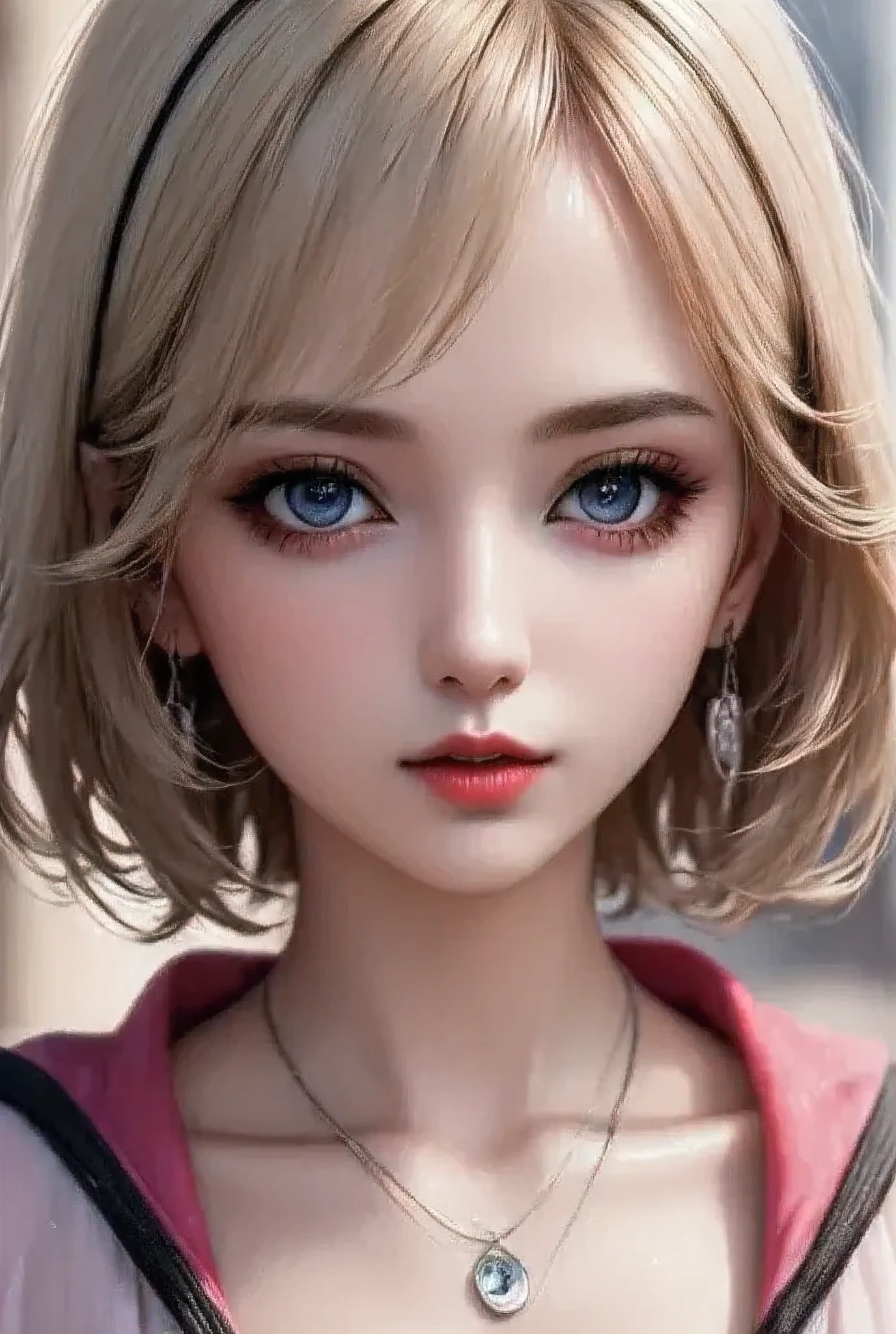 masterpiece, Highest quality, Very detailed, 8k, Realistic, One Girl, alone, Tomboy, Very detailed face, (head shot:1.5), Upper Body, silver pixie cut hair, She is wearing a short tank top and an open zippered hoodie., I can see her cleavage,Emphasise that you're not wearing a bra、Reaching into the pocket of a hoodie,Futuristic urban landscape