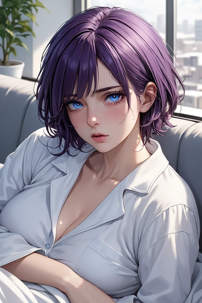 Woman with short wolf cut and purple hair Beautiful woman Floral pajamas 2.5D