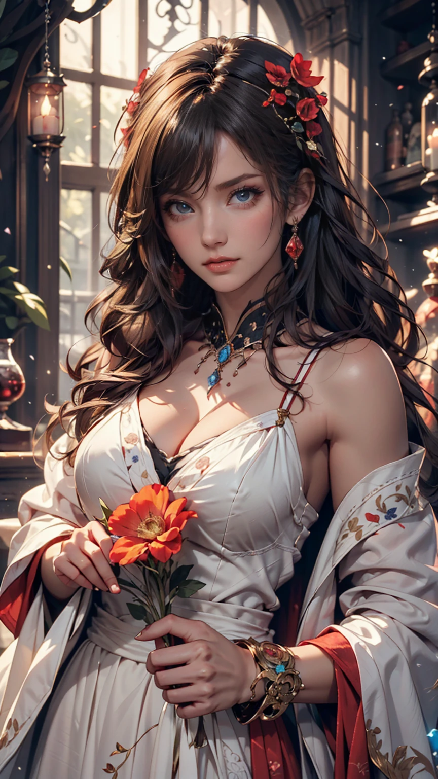 Gray-haired woman, Grey Eyes, Royalty, Red dress, Red Jewelry, Red earrings, Lunar, noble, Lady, high quality, Very detailed, Detailed face, masterpiece, city, Drinking tea, garden, Flowers, Light
