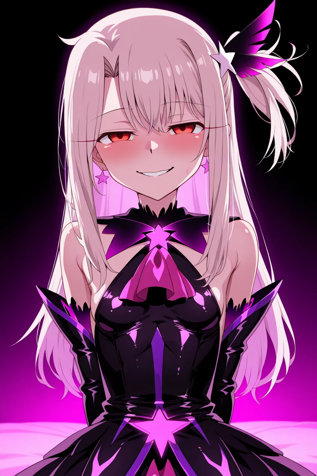 Night、Illyasviel von Einzbern 、 black background、Evil Background、Hotel Bedroom、Sensual pink light、 small Breasts、Volume、 upper body、Evil girl、Netorare Face, NTR, cheating, fantasy、 with a condescending smile、Girl into evil、 falls into the dark、white hair, red eyes, long hair,side ponytail, hair ornament, black dress, magical girl, corruption, detached sleeves, black thigh Boots