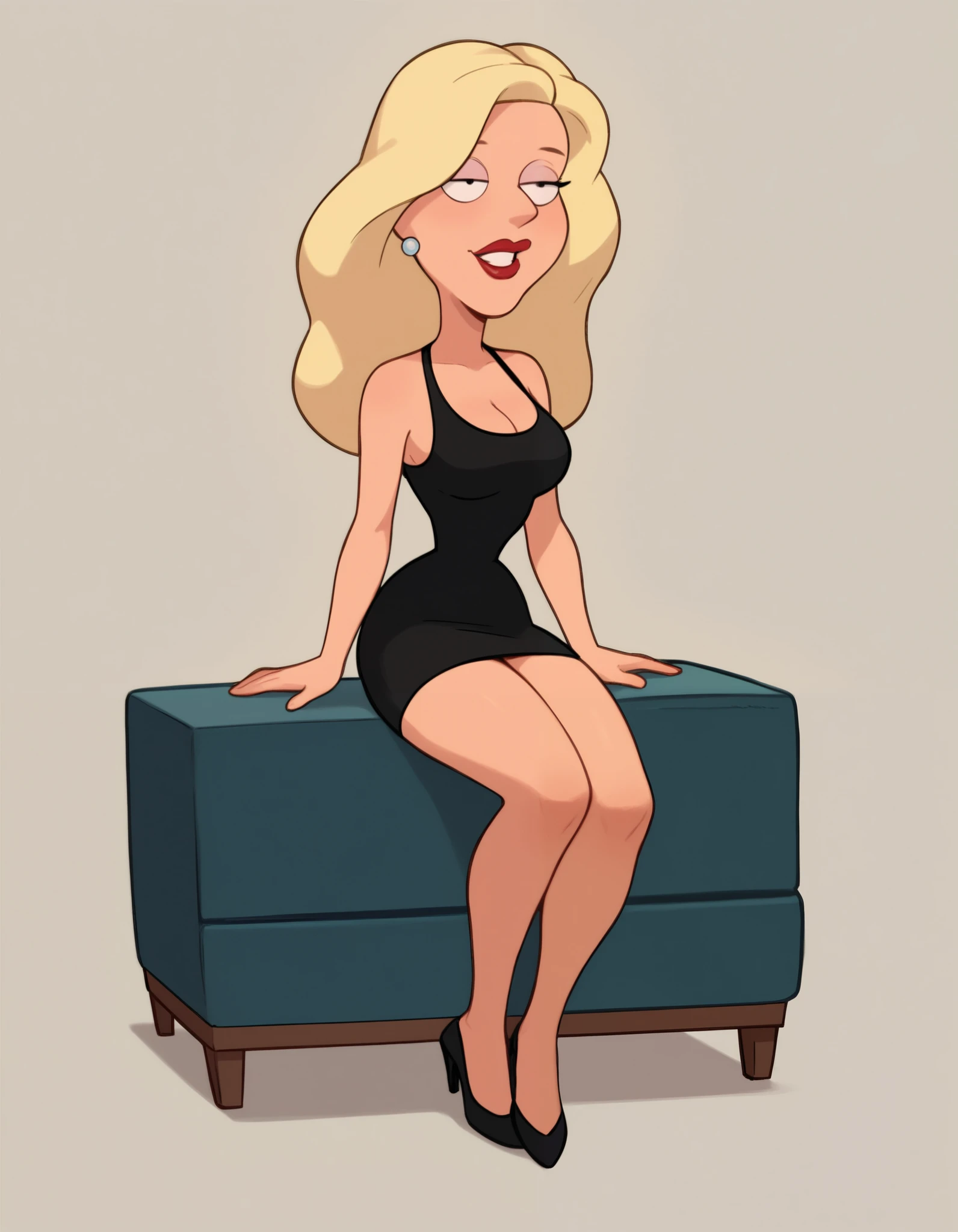 Minvera mink from Animaniacs, wearing black swimming shorts, yellow girl hair, red one piece swimsuit, sitting down with crossed legs, has thick thighs, smug expression, high quality, crisp, 1girl,