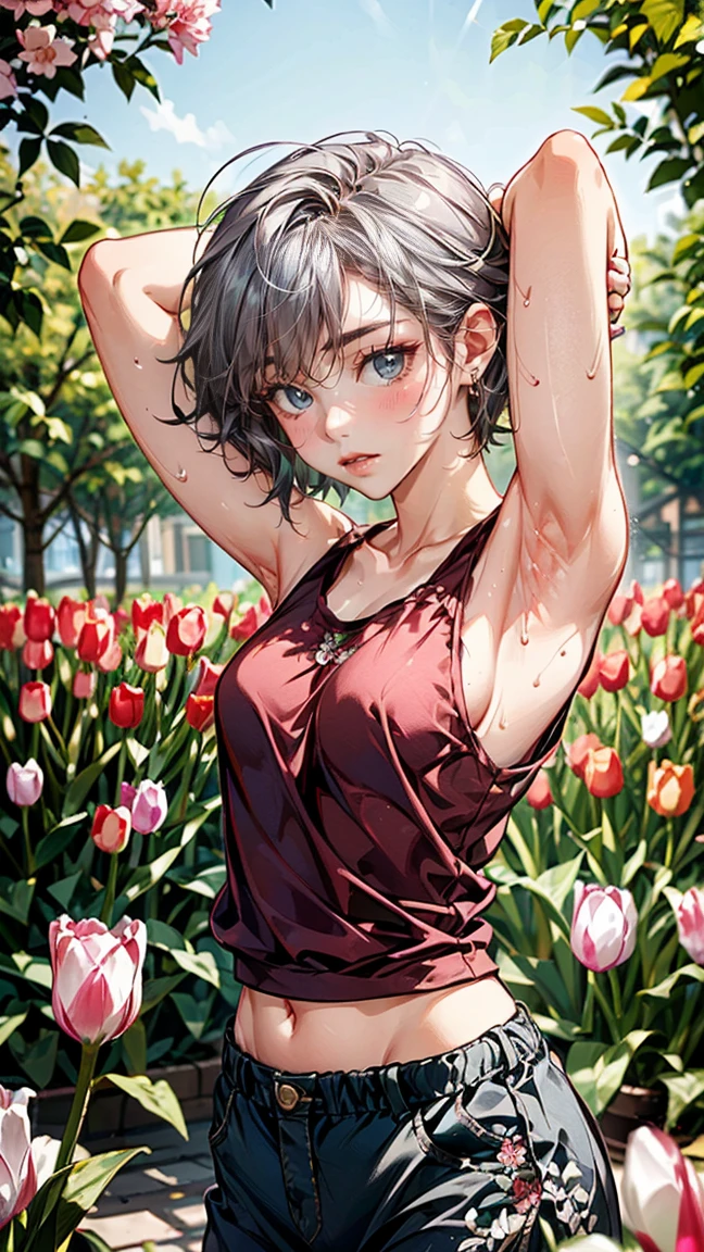 (from above:1.2),(from side:0.9), ((Face)), (Close-Up:0.4), ((looking at viewer, holding a bouquet)),(magazine cover:1.4), highest quality、(real、photorealistic:1.4),(ultra high resolution, 8K RAW photo, clear focus), best qualtiy, natural lighting, field depth, (Bright pupils, detailed beautiful eyes, high detailed face), Red lip, (tight focus:1.2, from below), sexy posing, seductive weak smiling, Looking at Viewer, Cinematic lighting, Perfect, softlight, High resolution skin:1.2, Realistic skin texture, body tired from sports、30 years old mature woman、a small face、beautiful-makeup、Makeup light、Shortcut Hair、dark brown hair、Bust b Cup, Amazing Cleavage, thin waist, big ass, Raised sexy, big breast: 1.2 posed cleavage:1.2、off shoulders、Sportsbra、legginullnude、cute wall background .