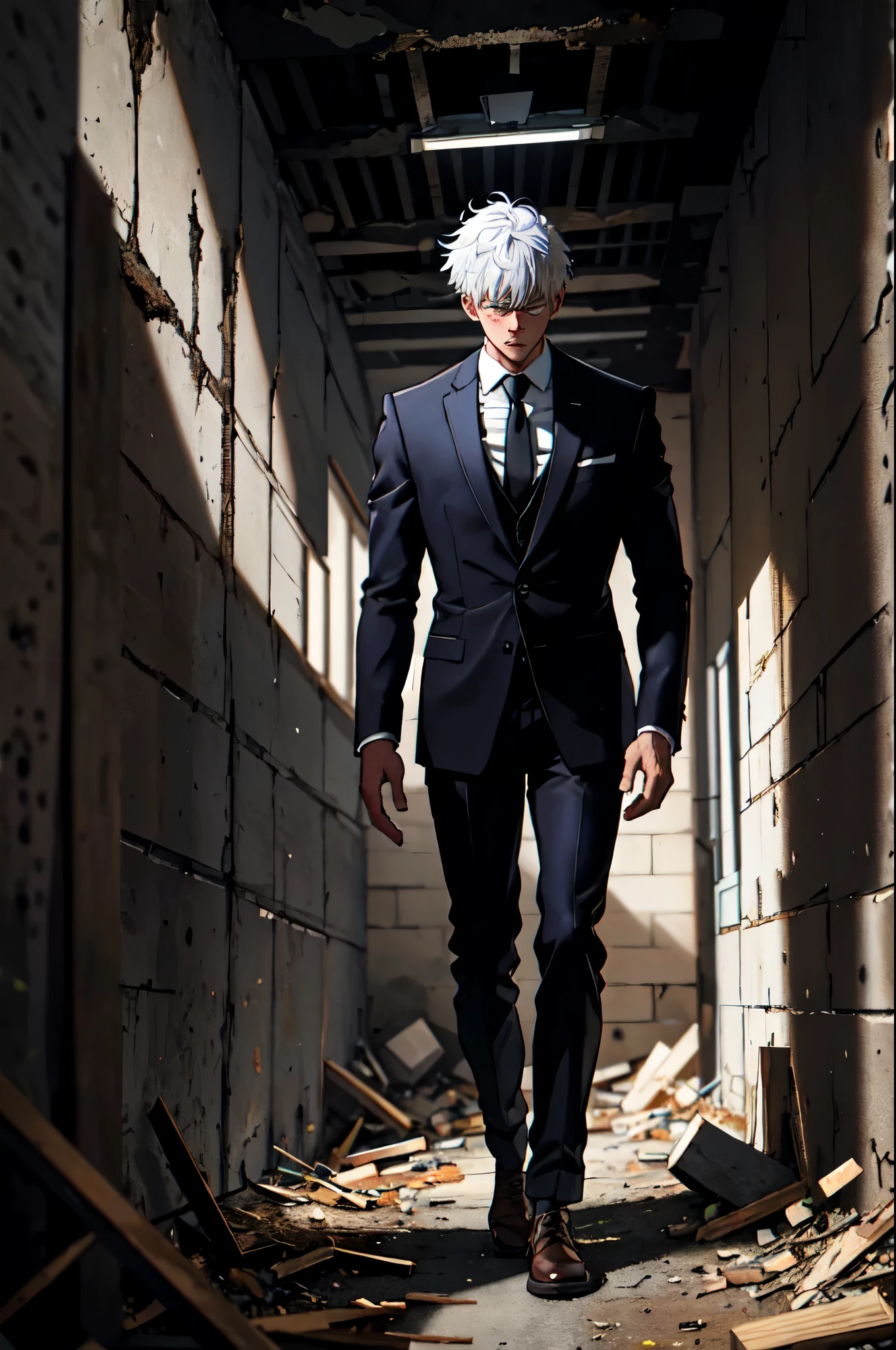 A 21-year-old young man, abandoned and destroyed underground warehouse, rubble and rocks on the ground, black tuxedo and tie, short white hair, tall, strong and angry man, WALKING DOWN THE CORRIDOR OF AN ABANDONED UNDERGROUND WAREHOUSE
DARK, ENTERING THROUGH A DESTROYED STONE WALL WHERE THE LIGHT ENTERS.