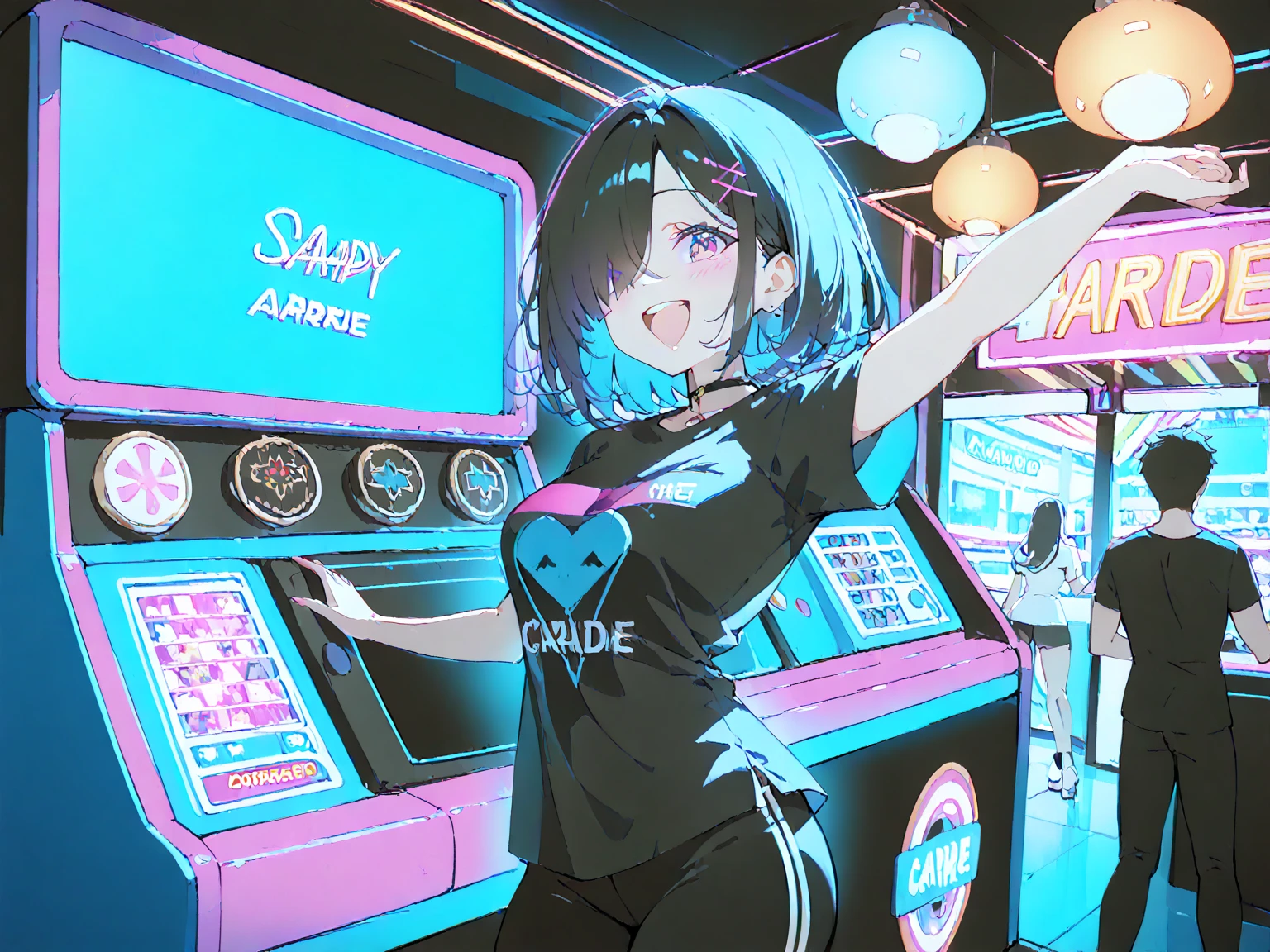Highest quality、Black Hair、Iris、short hair、girl、cute、、、Small hair ornament、1 person、Arcade、Play UFO Catcher、obsessed、Unaware panty shot