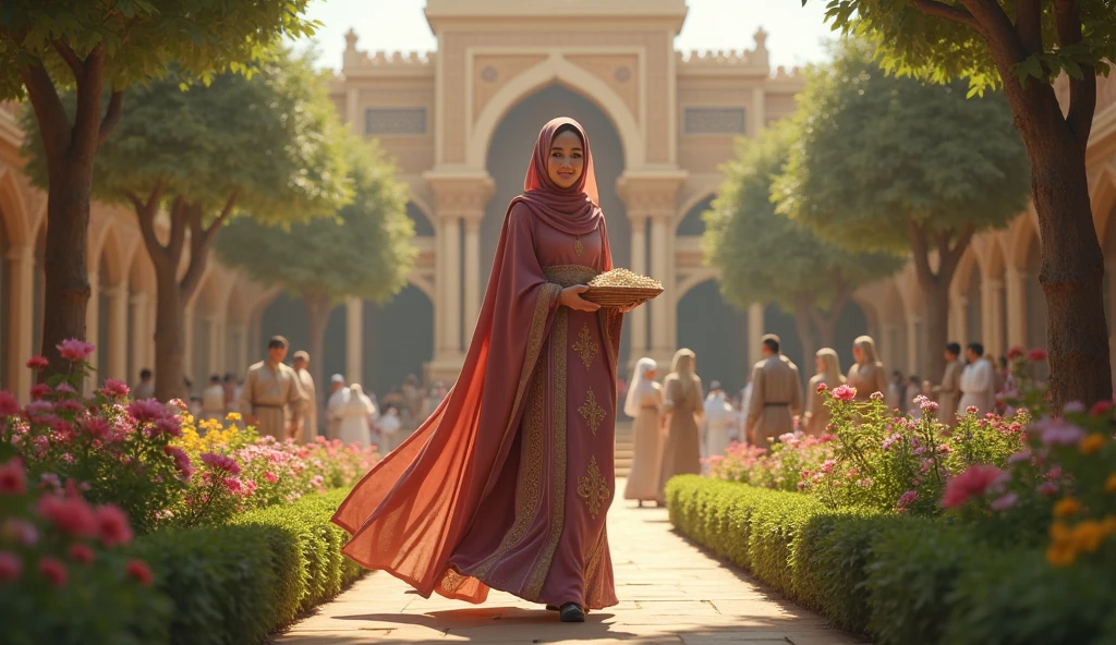 a old beautiful adult girl wearing a shawl hijab with a drawstring chiffon top, wearing a tiered chiffon skirt with floral motifs, wearing a watch and bracelet, wearing beautiful sandals, wearing a small leather backpack on her back while smiling happily, is in a fairy tale house, there is a mushroom house and there are 4 a beautiful fairy in human form and seven dwarfs