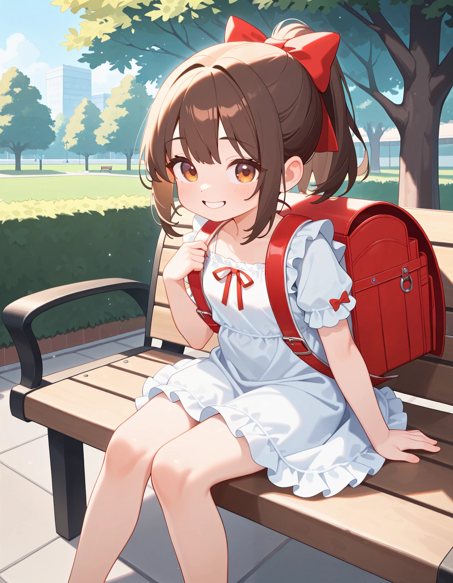 Masterpiece, hd, 1girl, brown hair, cute girl, short girl, flat breasts, pettite, thin leg, ponytail, hair bow, wearing cute dress, white dress, frilled dress, short sleeves, outdoor, smile, wearing randoseru backpack, red backpack, cute girl, , (l1ttle girl:1.2), Sitting, Sitting on bench, park