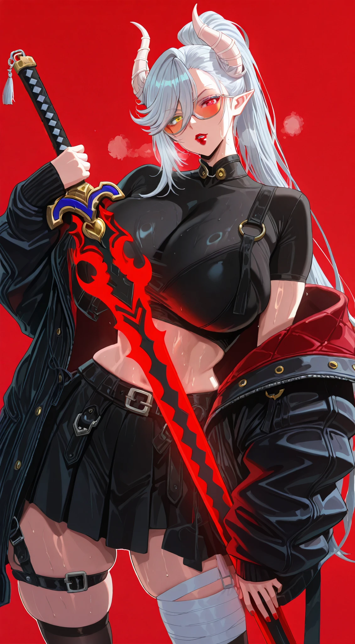 Masterpiece, high quality, absurdres, best quality, very aesthetic, newest, dramatic light, chiaroscuro technically, contrasting color, dynamic composition, anatomical correct, HD, 4K, digital art, trending on DeviantArt, perfect body, perfect eyes, makeup, detailed eyes, perfect fingers, gasping, heavy breathing, excessive sweating, sweating, sweating profusely, gasping profusely, cinematic, ((skindentation)), ((voluptuous)), belial, 1girl, mature female, demon girl, demon horns, pointy ears, long hair, silver hair, ponytail, swept bangs, heterochromia, red eye, yellow eye, lipstick, red lipstick, big breasts, glasses, tinted eyewear, bright pupil, ((white outline)), 1girl, weapon, solo, sword, skirt, red_background, thighhighs, jacket, looking_at_viewer, holding_weapon, crop_top, shirt, holding, thigh_strap, midriff, black_skirt, holding_sword, belt, glowing_weapon, black_shirt, black_jacket, choker, open_clothes, bandaged_leg, open_jacket, breasts, black_thighhighs, miniskirt, simple_background, off_shoulder