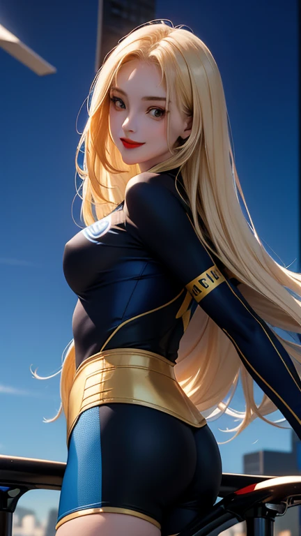 Detailed aspect, Highest quality, Ultra-high resolution, (Realistic:1.4), ((Detailed facial features)), 8k resolution, DC Comics Supergirl, One girl, (Blonde:1.3), (Too much hair:1.3), (Detailed Hair:1.2), (bangs:1.2), (Detailed eyes:1.2), Thin eyebrows, (smile:1.3), Perfect body, Curved body, Medium chest, (bar:1.4),(Dark Night:1.5), flight.