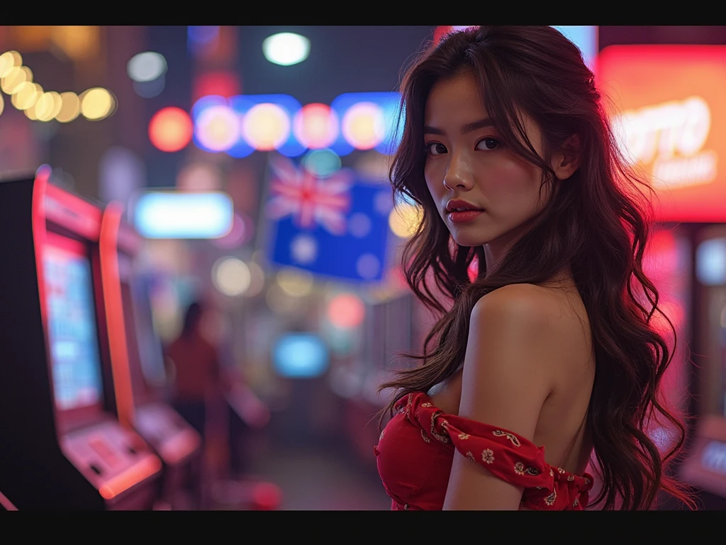 Sexy woman at a festival, fog and smoke, neon colors, dancing, fun