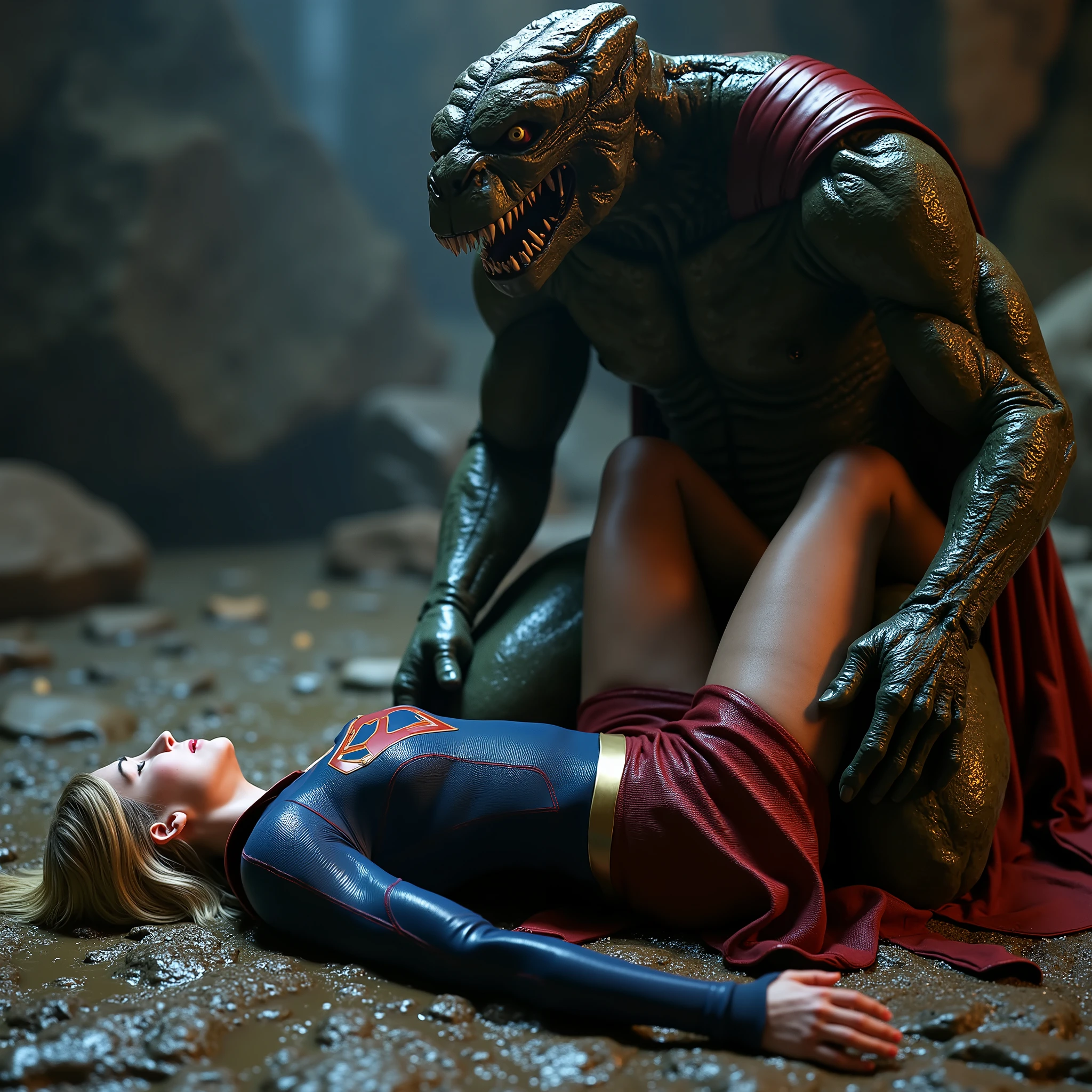 Supergirl is raped by an alien monster, very bright white skin, her legs are wide out, can see whole body, She is wearing a thin black pantyhose, short red skirt, red knee height long boots, blonde hair, She is unconscious, eyes close, seriously injured, painful, a fierce Alien Monster kneeling attach to Supergirl body between her legs, he spread her legs out and kneeling between her legs, cum on her stomach, photorealistic, hyperrealism, night time, underground cave,