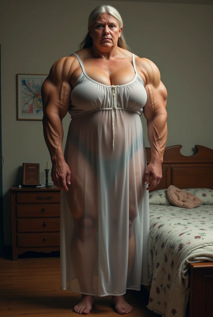 ((best quality)), ((masterpiece)), (detailed), perfect face, HDR, 8k, best quality, High resolution, Realistic, details texture skin, white skin, older mature (tomboy) female with saggy breast, sagging breast, big breast, huge breast, muscular body, body builder, big muscle, strong muscle, athletic body, tall, short hair, black hair, blue eyes, big areola, nude, naked, pubic hair, vagina hair, clitoris, perfect body, perfect anatomy, eyes looking forward, standing pose, full body, barefoot