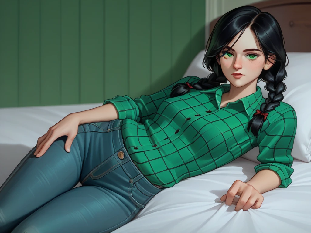 in bed. portrait, close-up, Face Upper body. Short, Red hair, green eyes, green pajamas with buttons, sexy body, smile, girl 15 years old. ((elegance. gradient. Photorealism. Unreal engine. split. 3d model. Ultra high quality textures. high detail. permission 8k))