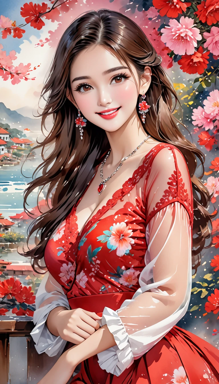 Portrait, (((photorealistic portrait))), (((hyperrealistic portrait))). Beautiful (sexy young woman), long dark hair, (beautiful face), (((correct ???????, correct body proportions))), correct hands, correct hands, correct hands, ((beautiful hands)), ((smooth fingers)), (dressed) in red (((erotic lace dress))), against the backdrop of a lake in the garden, a garden with beautiful flowers on the branches of trees, a beautiful sky, 8k uhd, dslr, soft lighting, quality, film grain, Fujifilm XT3