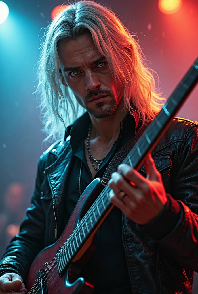realistically, a young man playing bass in a hardcore metal band with long silver-white hair, golden eyes, with the beauty of the devil