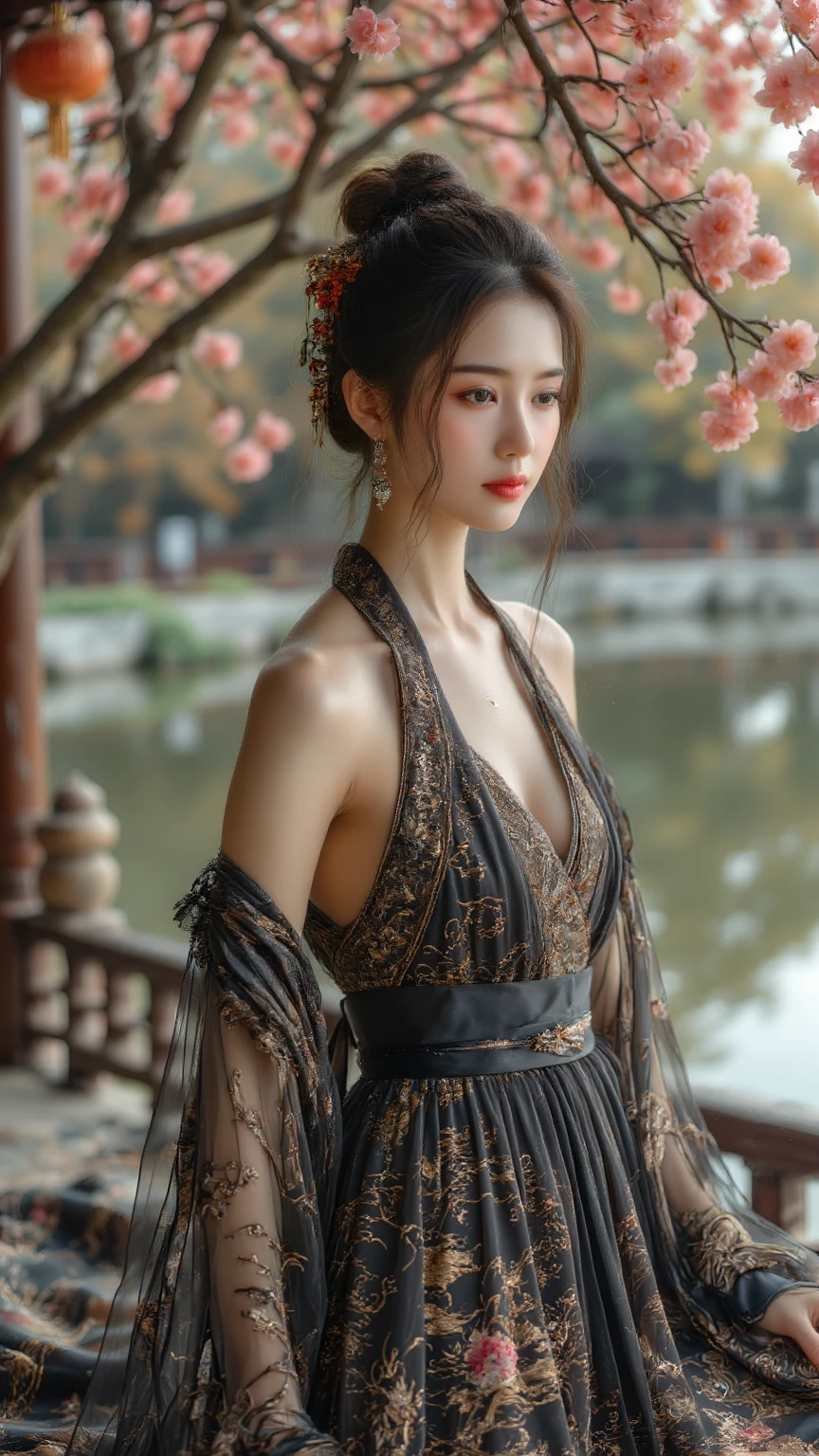 (background：The mountains are full of cherry blossoms，There are mountains and fog)(whole body:1.5)，(1 Hmong girl:1.3),(view viewer:1.4)，(anatomically correct:1.4),(Completely see-through pantyhose:1.3),(sit on the top of the mountain:1.2),(Wearing a Miao dress:1.2),,( pointed toe block heels :1.1),(precise、perfect face shape:1.3),(spread legs，long legs:1.3),Wearing a Miao headdress，Spread, spread your legs，Ultra high quality, Ray tracing, reflected light， Correct structure, Award-winning, high detail, Lighten shadow contrast, facial lighting ，light, masterpiece, Super details, high quality, high detail, best quality, 16k，high contrast,