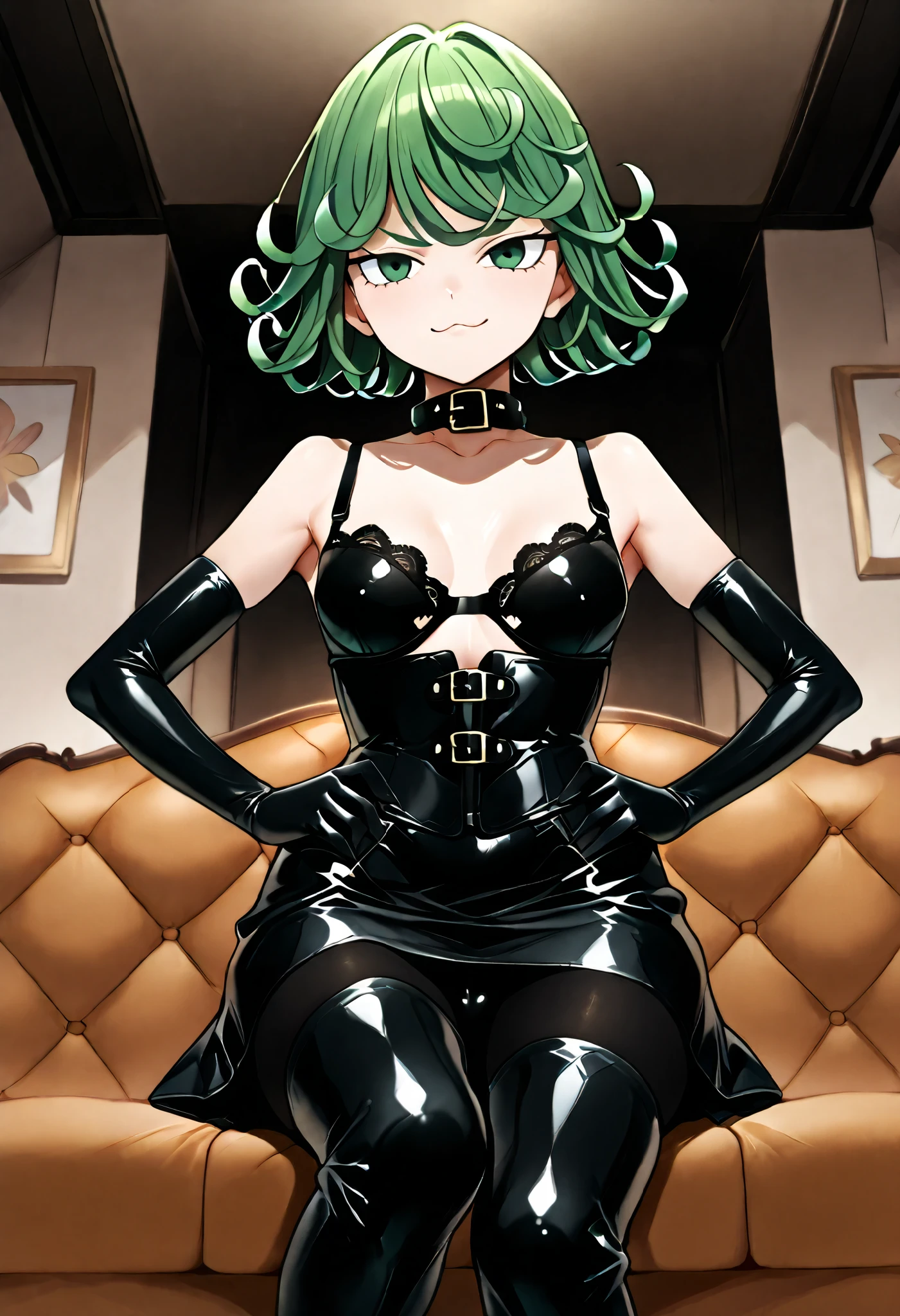 female with green fringe style bob haircut, wearing BDSM dominatrix gear, wearing pearl necklaces, dominant pose, seductive smile, alone, solo, alone, (SOLO)(ALONE)