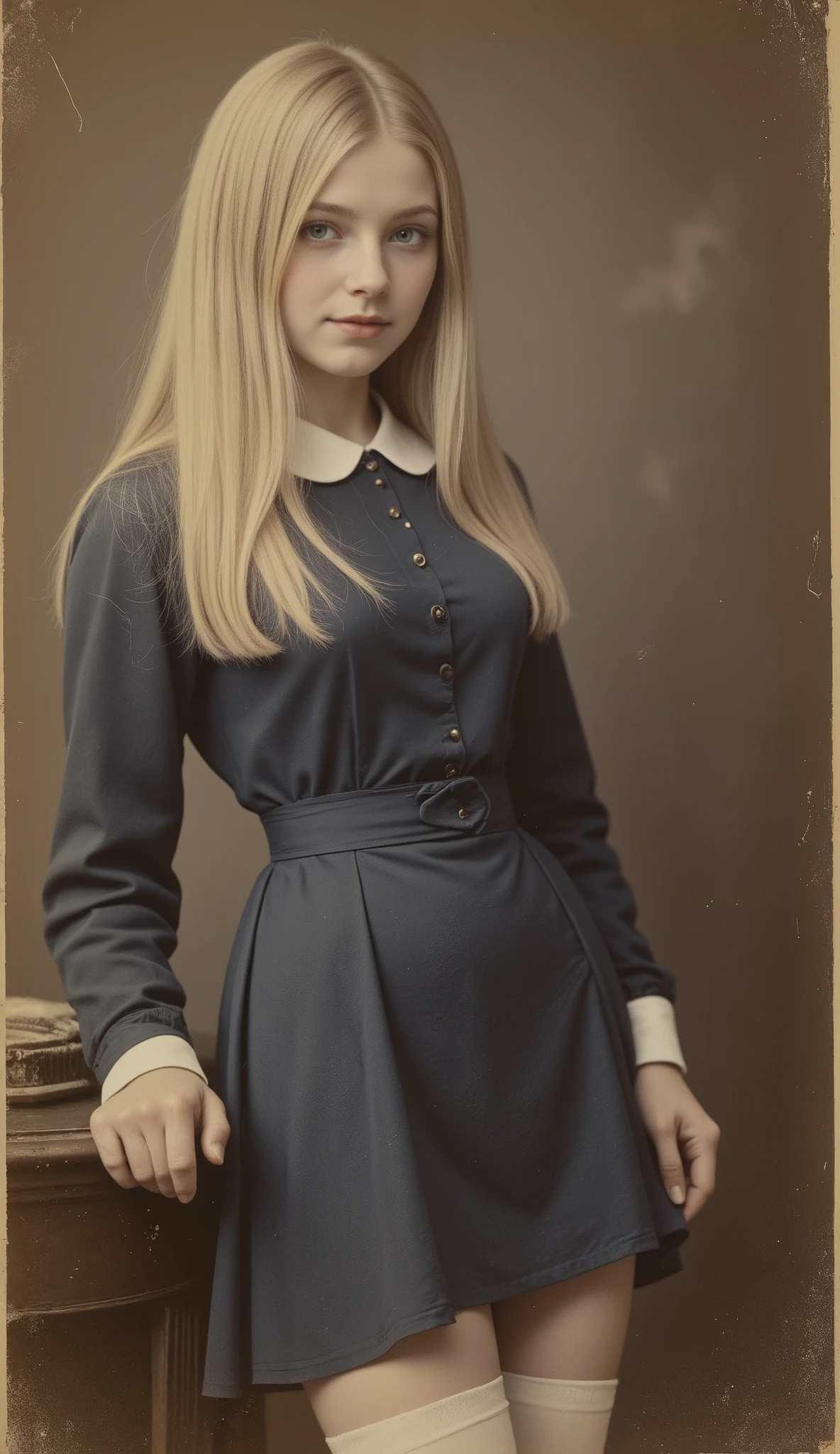 ((NSFW)),
(old photo from the 19th century),
vintage photo,
sepia-toned photo,
weathered photo,
photo taken by a perverted gentleman after raping a young blonde girl who looks like his daughter in the president's office,
the girl is ordered to behave like a slut,
the perverted gentleman is the president and hires the girl as his secretary and constantly sexually abuses her,
the girl is more like a mistress and a sexual toy for the perverted gentleman than a secretary,
the girl is facing the camera,
the girl has long straight blonde hair,
the girl is wearing a dark blue dress with a white collar, long sleeves and a miniskirt,
the girl is wearing white thin silk knee-high stockings,
(the girl's clothes are disheveled and her skin is exposed),
the girl has lifted her skirt to expose her pussy,
semen,
cum drip,