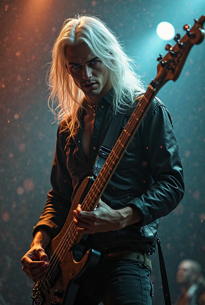 realistically, a very handsome young man who plays bass in a hardcore metal band with long silver-white hair, golden eyes, handsome as a nephilim