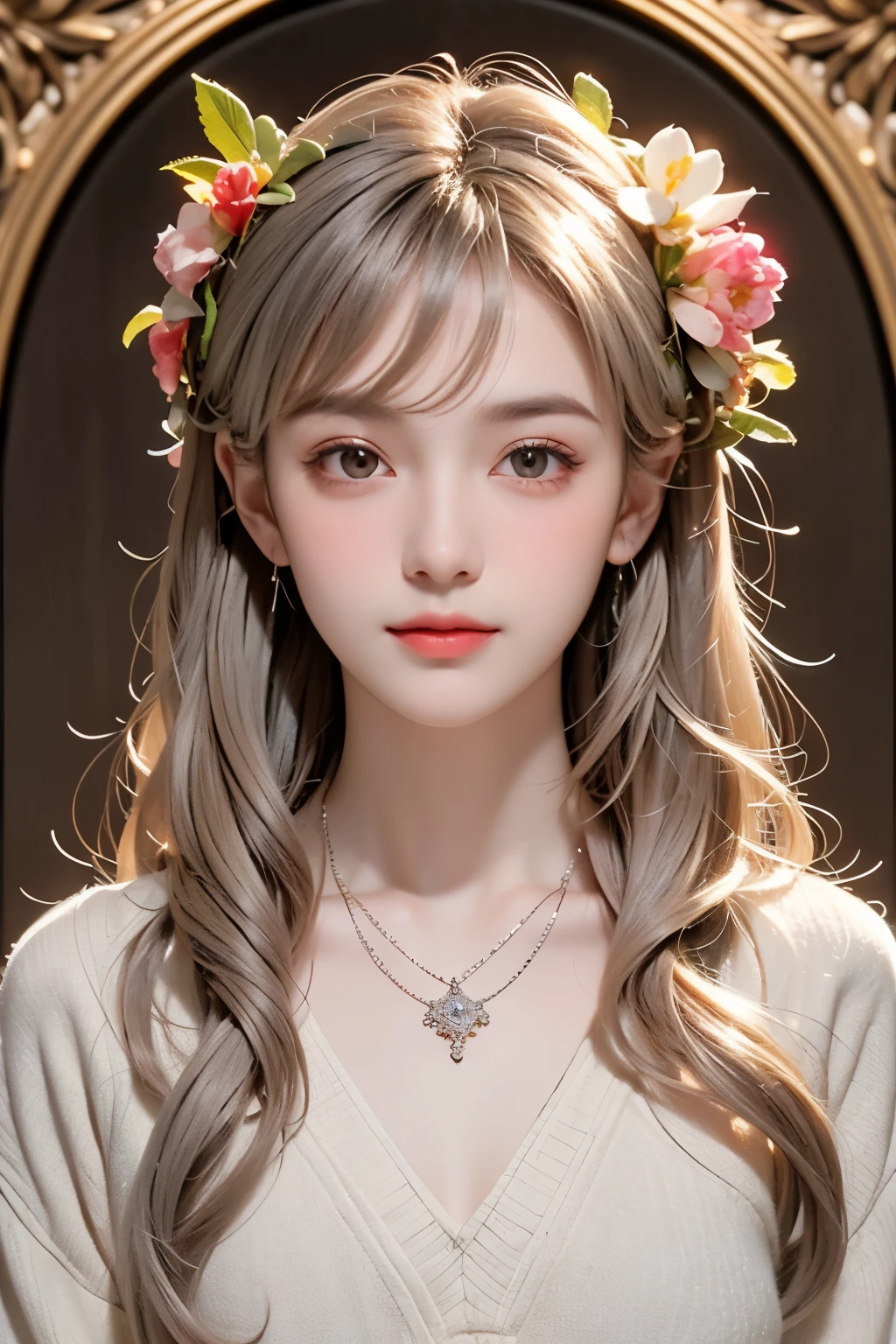 (detailed oil painting of a beautiful woman), rough touch, focus on face, (small smile with calm and gentle expression), ((silver-grey almost straight medium-long hair!)), ((close-up)), shiny skin, glossy lips, ((casual light pastel high-neck winter sweater and spring coat)), (winter outfit), (smart figure), small necklace, striking portrait, use of contour, clean line drawing, fine details, intricate details, bright primary colors used partially as accents, floral frame, Art Nouveau frame, Art Nouveau decoration, floral decorative panel, fine and intricate details, (Alphonse Mucha compositional style), muted colors, impressionist style, stress-free mixed media masterpiece, amazing!, beautiful!,