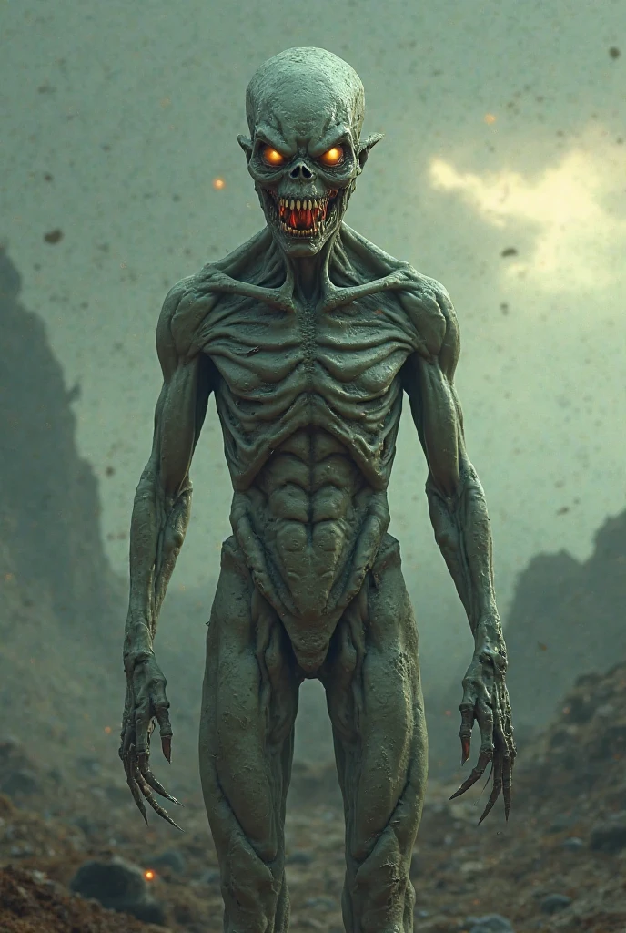 fantchar, a Zombified Alien that is Standing on two Legs. The creatures chest is transparent so you can see it's internal Organs.
