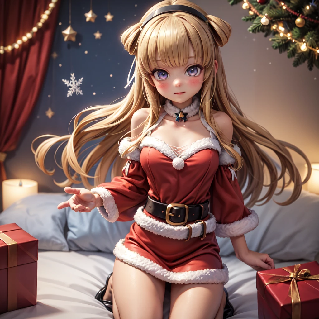 bell, christmas, sack, santa_bikini, santa_costume, santa_hat, antlers, holding_sack, merry_christmas, fur_trim, fur-trimmed_headwear, christmas_tree, reindeer_antlers, gift, reindeer_costume, santa_boots, drill_hair, 1girl, thighhighs, neck_bell, open_mouth, hat, skirt, solo, red_hair, red_skirt, santa_dress, fur-trimmed_skirt, santa_gloves, christmas_ornaments, red_capelet, red_legwear, gift_box, capelet, navel, red_headwear, fur-trimmed_capelet, holding_bag, fang, holly, looking_at_viewer, jingle_bell, long_hair, microskirt, indoors,