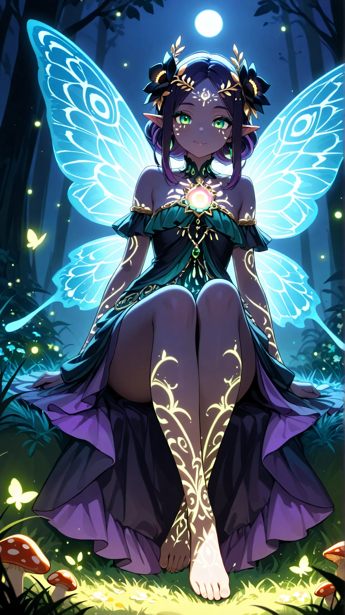 Cosmea is a dark faerie, she is a subject of the kingdom of fairies, Avalon. She lives on the edge of the Twilight Forest where it is always dusk, there are flowering trees and grass that have characteristic black and blue shades, and mushrooms and flowers have bioluminescence and are one of the few sources of light in that place, past fireflies and moonlight.     Cosmea has dark purple skin with a pearl highlighter. she has luminous tattoos moon on her face arms and legs. She has long pointed ears. Cosmea  has a petite asthenic physique. She has dark violet hair that is always combed back by the wind as she flies on her luminous butterfly wings all the time. She is dressed in a black floral mini dress woven from cobwebs and petals of black flowers.