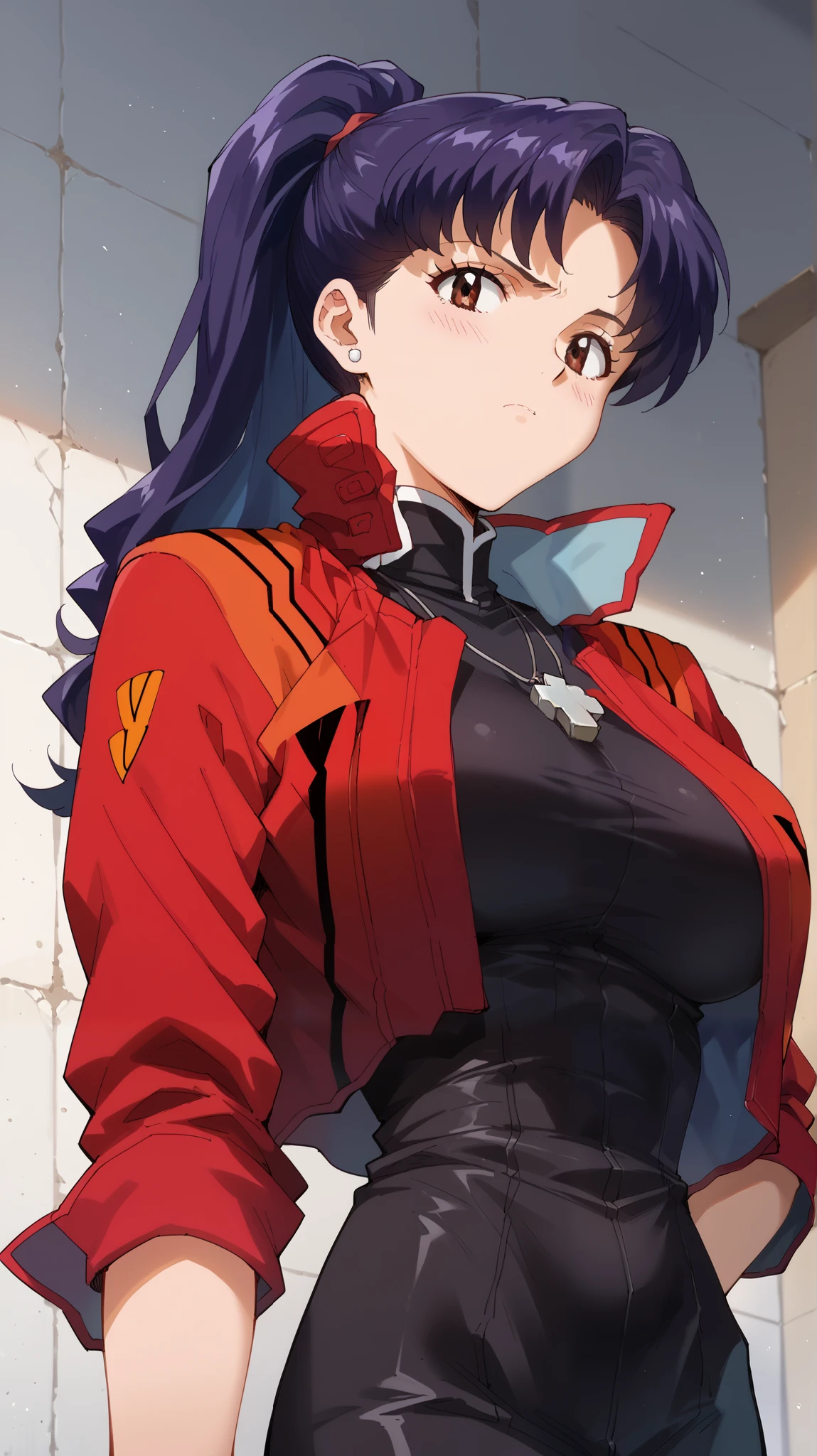 score_9, score_8_up, score_7_up, score_6_up, score_5_up, score_4_up, rating_ are suspicious, digital illustrations with excellent detail , Pixiv, official art, Porn Warning, 1 girl, cute, Alone, stud earrings, (big breasts), necklaces、black dress、Open Jacket、v、 short dress 、 Cross 、Red Jacket、cropped jacket、middle、 Cross のnecklaces、, upper body, (beautiful breasts, beautiful skin from above), from below, ponytail,Katsuragi Misato、Big Breasts、standing、staring at the viewer、belly button、 sexy、Dynamic Angle、 from below