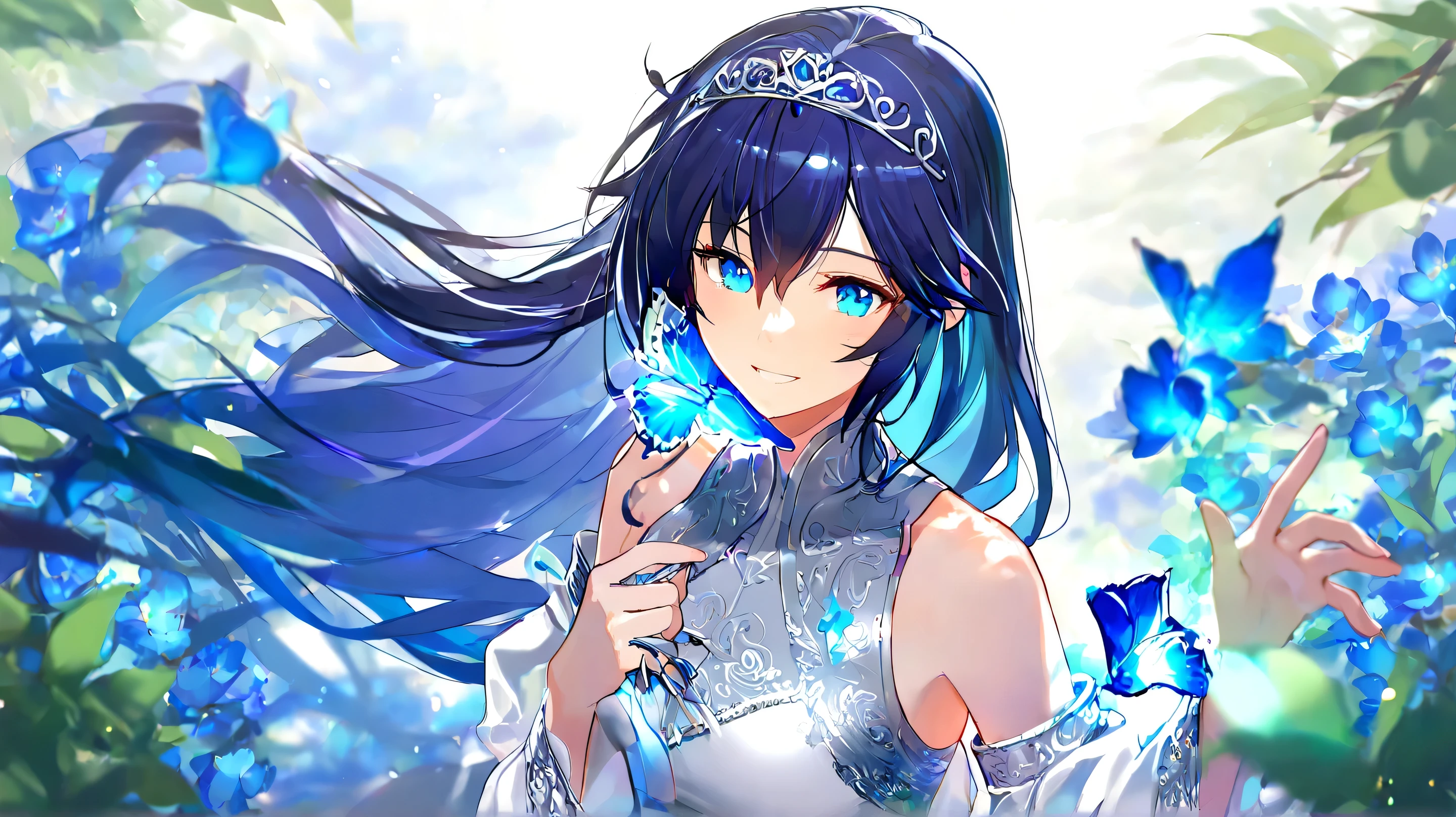 Masterpiece, Best Quality, Top Quality, Very Detailed, A beautiful young woman with long, flowing midnight-blue hair stands in a sunlit garden filled with glowing blue flowers. Her soft, pale skin is illuminated by dappled sunlight filtering through the trees. She gazes with gentle yet captivating blue eyes, her delicate expression carrying a mix of curiosity and warmth. She wears an elegant, sleeveless white qipao with intricate silver embroidery, highlighting her graceful figure. Small embers float around her, adding a touch of magic to the serene, dreamlike atmosphere. The background is softly blurred, emphasizing her enchanting presence in this mystical, nature-filled setting.
