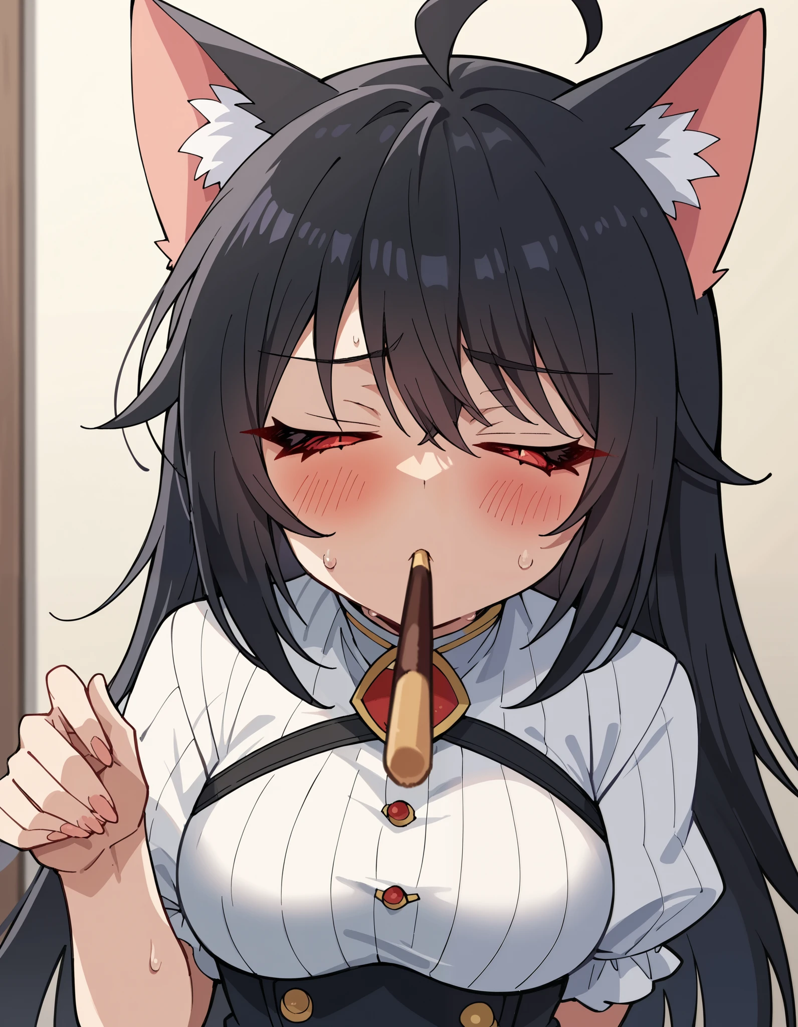 Score_9, Score_8_up, Score_7_up, Score_6_up, Score_5_up, Score_4_up, anime style, source_anime, 1girl, karyl, animal ear fluff, animal ears, black hair, black ribbon, cat ears, cat girl, cat tail, fang, green eyes, hair bow, long hair, low twintails, multicolored hair, purple bow, ribbon, skin fang, streaked hair, tail, twintails, vertical stripes, white hair, [[shit]], cute, wet shit, penis, wet penis, horny, excited, heavy breathing, torogao, licking penis