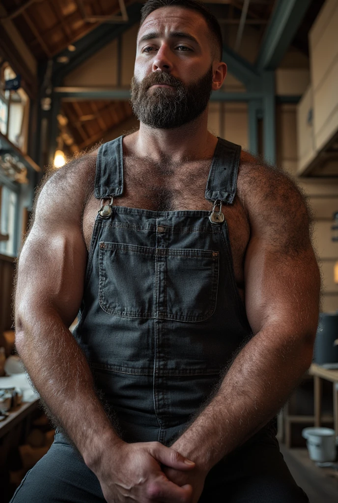 epic realistic,photore,1 handsome uncle,Short hair,Beard,Chubby figure,large pecs,Bare top,Wear cargo pants,Carry an axe,Standing in the lumberyard,Enchanted smile,sweat leggs,tmasterpiece, hairy man, dick bulge in pants