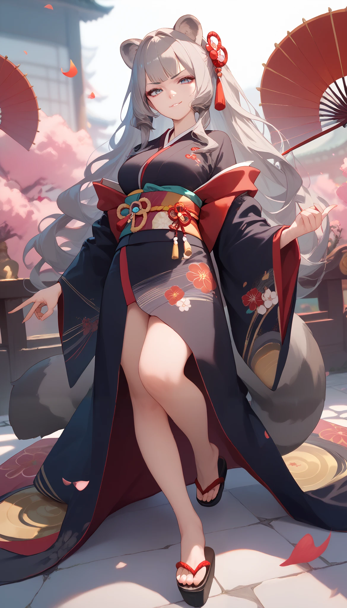((masterpiece)), 1girl, solo, long hair, grey hair, grey raccoon ears, grey raccoon tail, cute, evil smirk, looking at viewer, very young, black Kimono, crimson Kimono, multicolored Kimono, full body, mature woman, medium breasts,