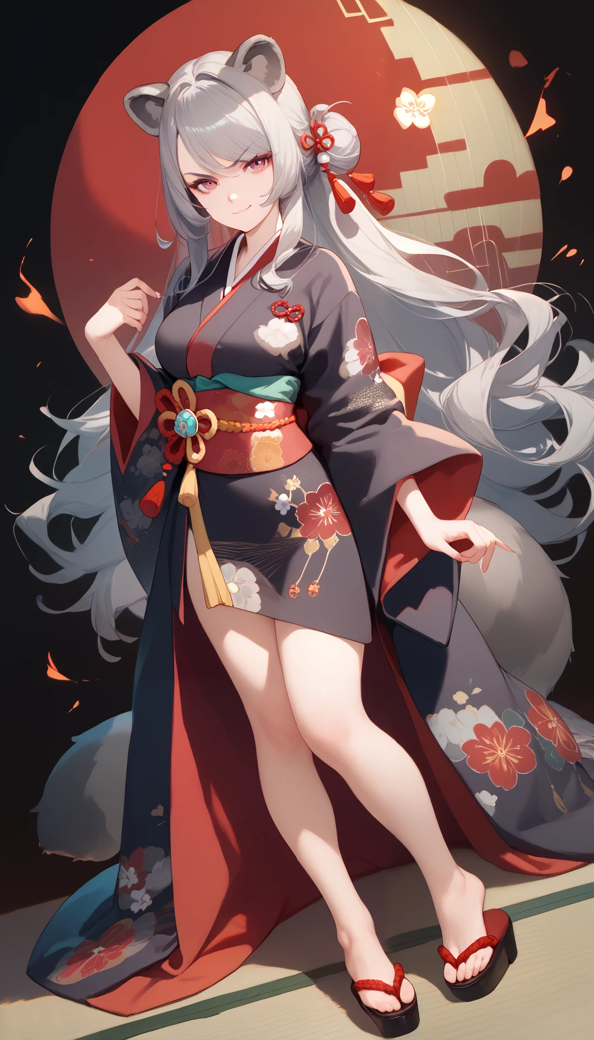 ((masterpiece)), 1girl, solo, long hair, grey hair, grey raccoon ears, grey raccoon tail, cute, evil smirk, looking at viewer, very young, black Kimono, crimson Kimono, multicolored Kimono, full body, mature woman, medium breasts,