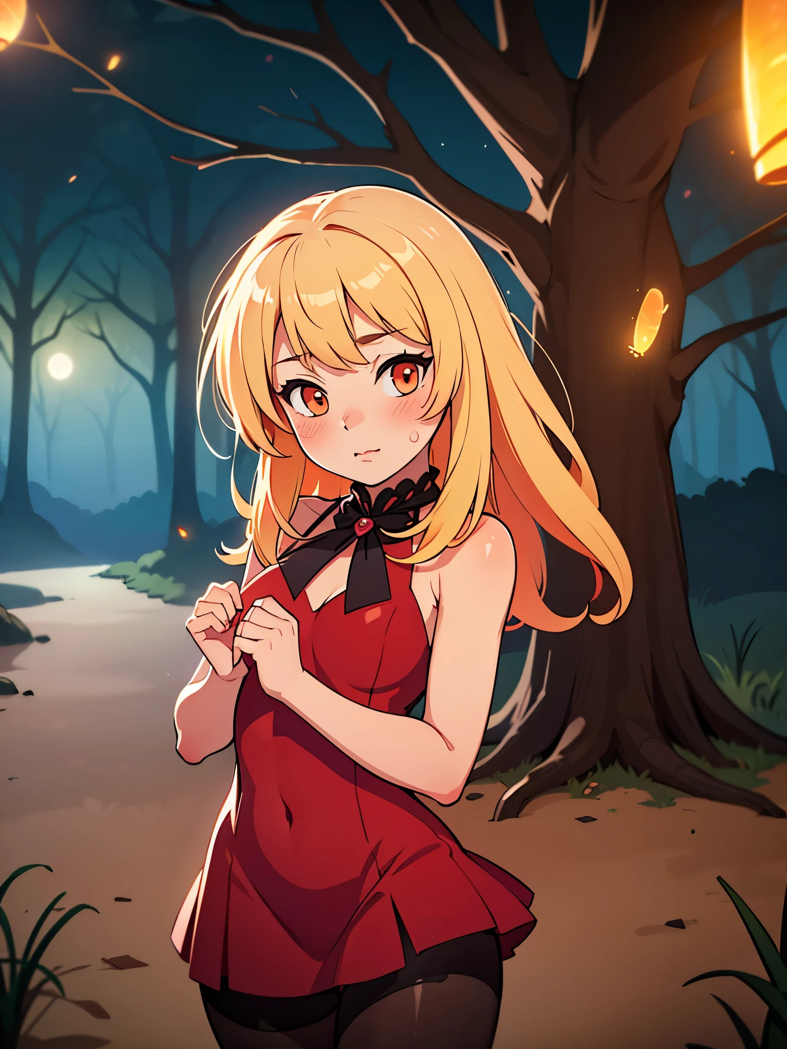 (masterpiece, best quality), 1girl, blonde hair, red dress, pantyhose, cute face, blush, fantasy landscape, detailed forest, glowing moon, fireflies, mystical atmosphere, cinematic lighting, digital painting, vibrant colors, photorealistic