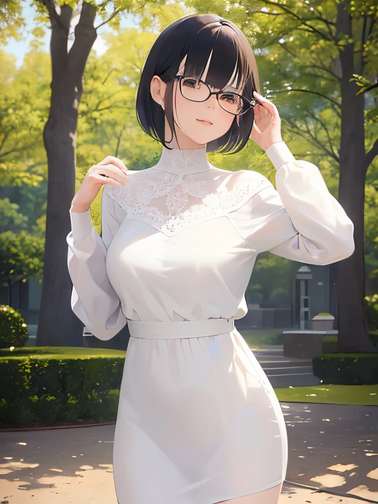 masterpiece, best quality, detailed, Masterpiece, Great detailed pictures, RAW photo, photorealistic, Realistic, real person, upper body, hands up, (pale skin: 1.2), shiny skin, shiny hair, (25-year-old woman with bangs) and (short hair) and (black hair) and (orange eyes), hair over eyes, plastic frame eyewear, (white) and (long sleeve dress), smile, The background is a sunny park, alone, standing.