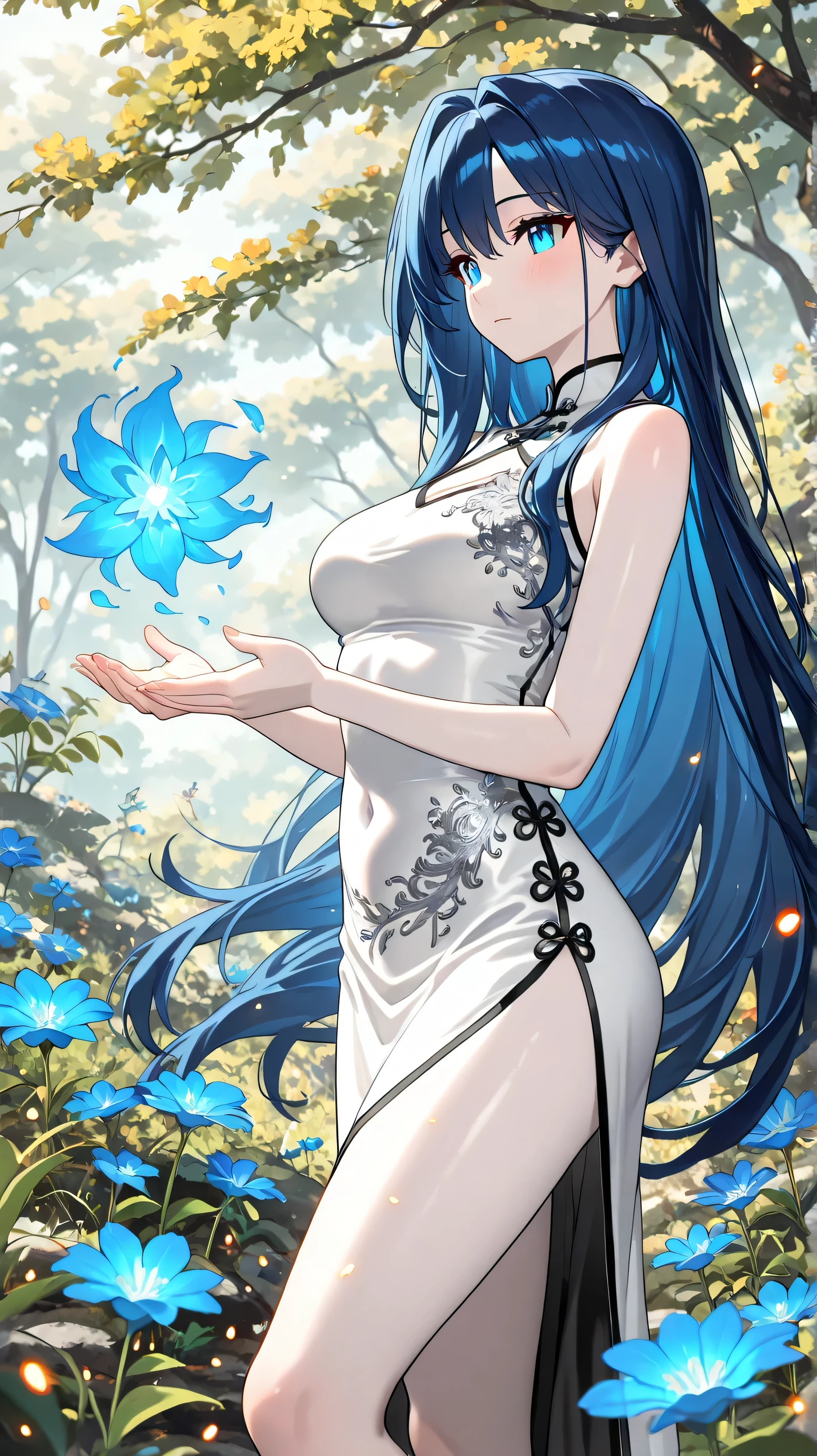 
Masterpiece, Best Quality, Top Quality, Very Detailed, A beautiful young woman with long, flowing midnight-blue hair stands in a sunlit garden filled with glowing blue flowers. Her soft, pale skin is illuminated by dappled sunlight filtering through the trees. She gazes with gentle yet captivating blue eyes, her delicate expression carrying a mix of curiosity and warmth. She wears an elegant, sleeveless white qipao with intricate silver embroidery, highlighting her graceful figure. Small embers float around her, adding a touch of magic to the serene, dreamlike atmosphere. The background is softly blurred, emphasizing her enchanting presence in this mystical, nature-filled setting.