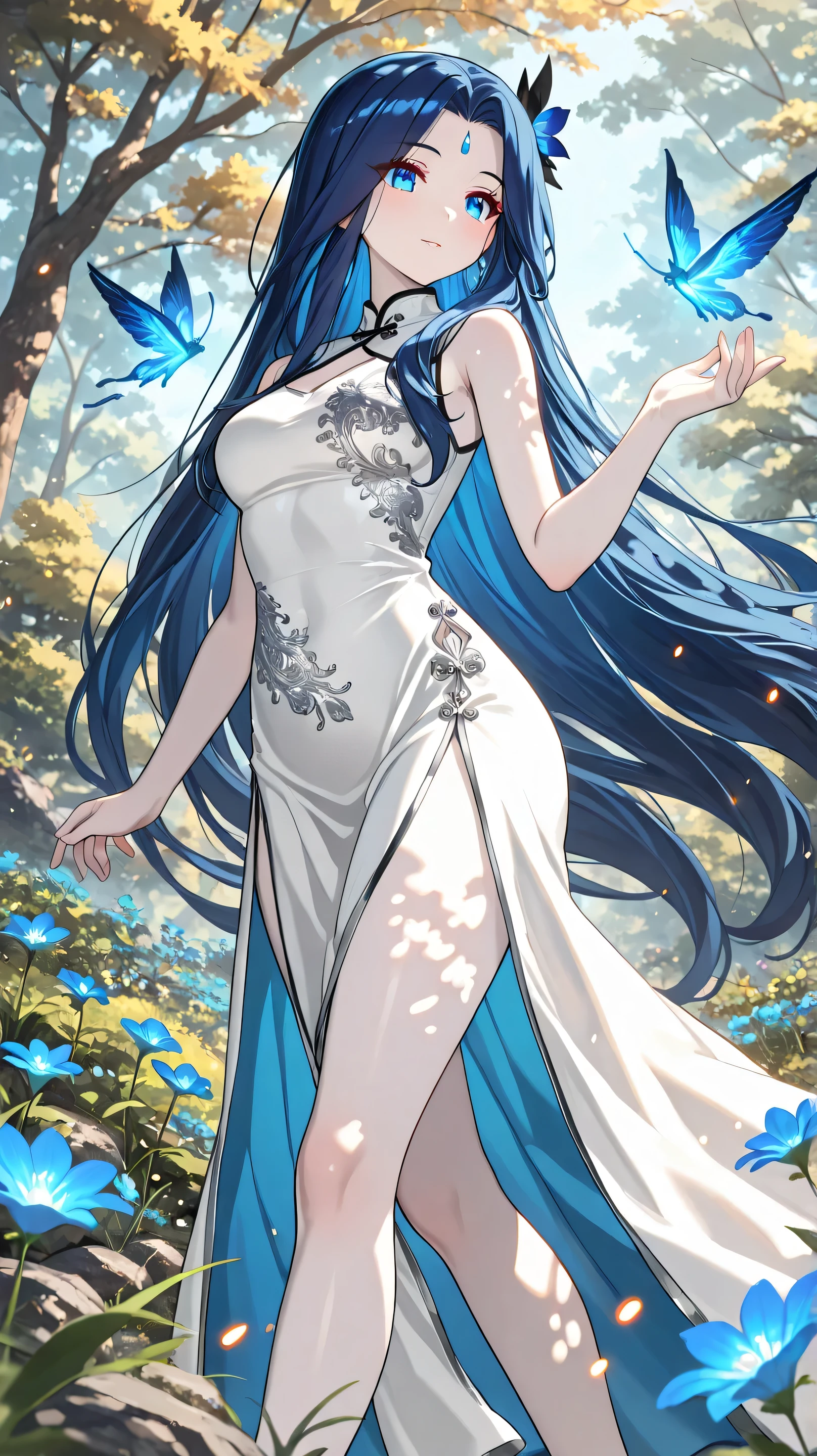 Masterpiece, Best Quality, Top Quality, Very Detailed, A beautiful young woman with long, flowing midnight-blue hair stands in a sunlit garden filled with glowing blue flowers. Her soft, pale skin is illuminated by dappled sunlight filtering through the trees. She gazes with gentle yet captivating blue eyes, her delicate expression carrying a mix of curiosity and warmth. She wears an elegant, sleeveless white qipao with intricate silver embroidery, highlighting her graceful figure. Small embers float around her, adding a touch of magic to the serene, dreamlike atmosphere. The background is softly blurred, emphasizing her enchanting presence in this mystical, nature-filled setting.