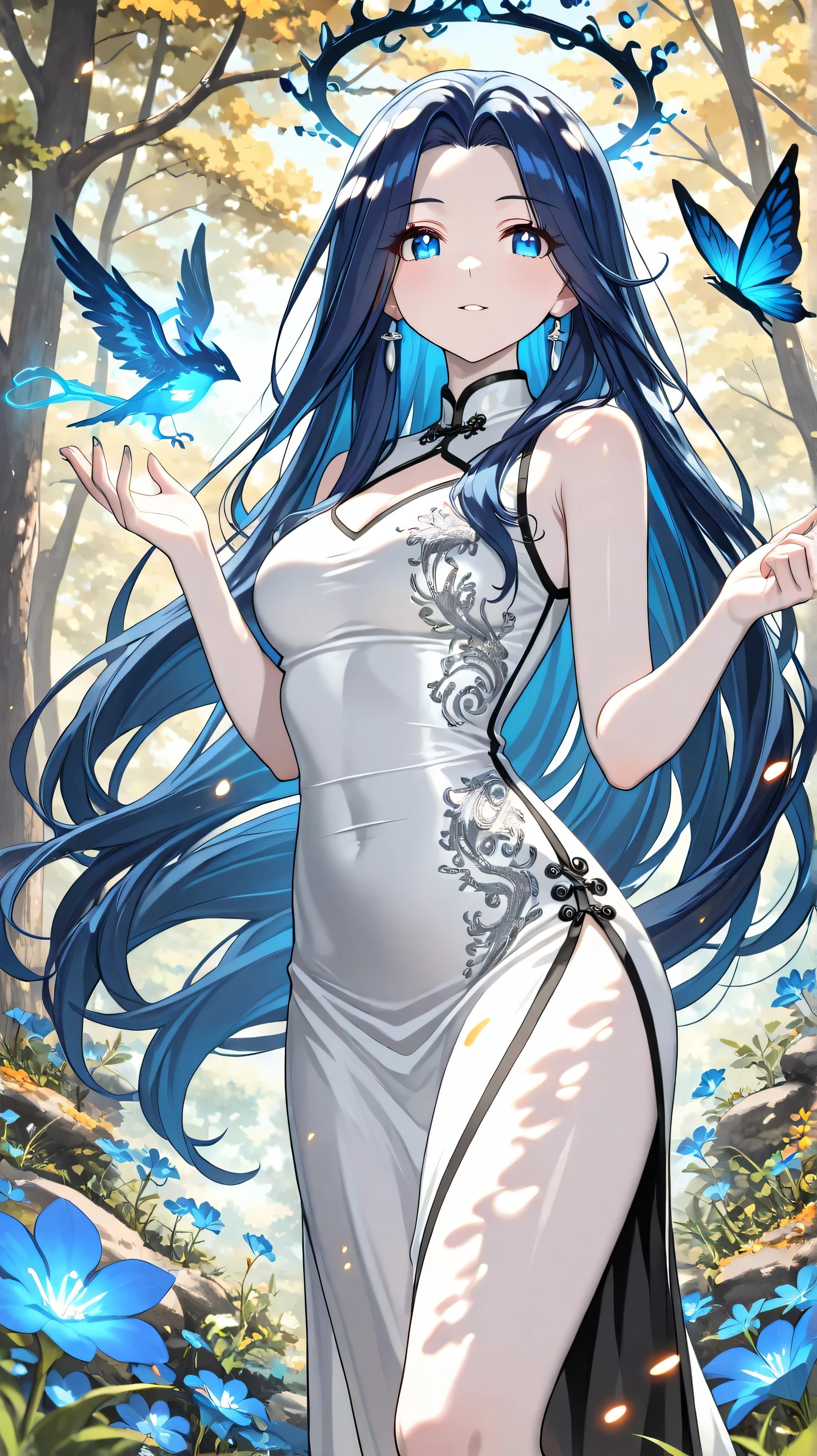 Masterpiece, Best Quality, Top Quality, Very Detailed, A beautiful young woman with long, flowing midnight-blue hair stands in a sunlit garden filled with glowing blue flowers. Her soft, pale skin is illuminated by dappled sunlight filtering through the trees. She gazes with gentle yet captivating blue eyes, her delicate expression carrying a mix of curiosity and warmth. She wears an elegant, sleeveless white qipao with intricate silver embroidery, highlighting her graceful figure. Small embers float around her, adding a touch of magic to the serene, dreamlike atmosphere. The background is softly blurred, emphasizing her enchanting presence in this mystical, nature-filled setting.