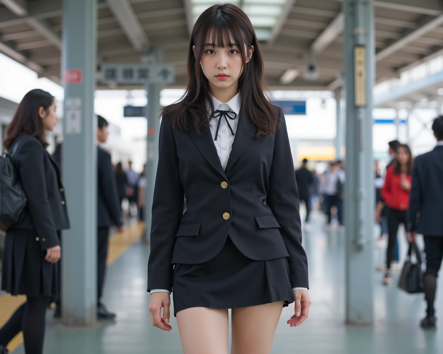 school girl, Japanese girl, (1 girl, solo), (best quality, 8k, ultra detailed, perfect anatomy), petite, wearing glasses, (bob hair, blunt bangs), dark brown hair, straight hair, shiny hair, knee length skirt, (school uniform, blazer uniform),ribbon tie, JK skirt, pleated skirt, black socks, black footwe, (from side), looking away, station, platform,