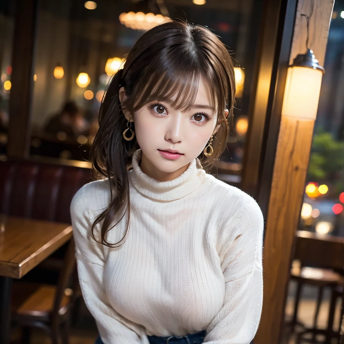 masterpiece, 1 beautiful girl, detailed eye, Puffy eyes, top-quality, high resolution, (Realisticity: 1.4), cinematlic lighting, Asian Beauty, Korea idol, Super beauty, Beautiful skin, slender, (A hyper-realistic), (hight resolution), (8K), (ighly detailed), (beautifully detailed eyes), (ultra-detailliert), (wall), detailed face, Bright lighting, profetional lighting, looking at viewert, Facing straight ahead, Black knitwear, oblique bangs, nighttime scene, Brown hair, age19, tall,