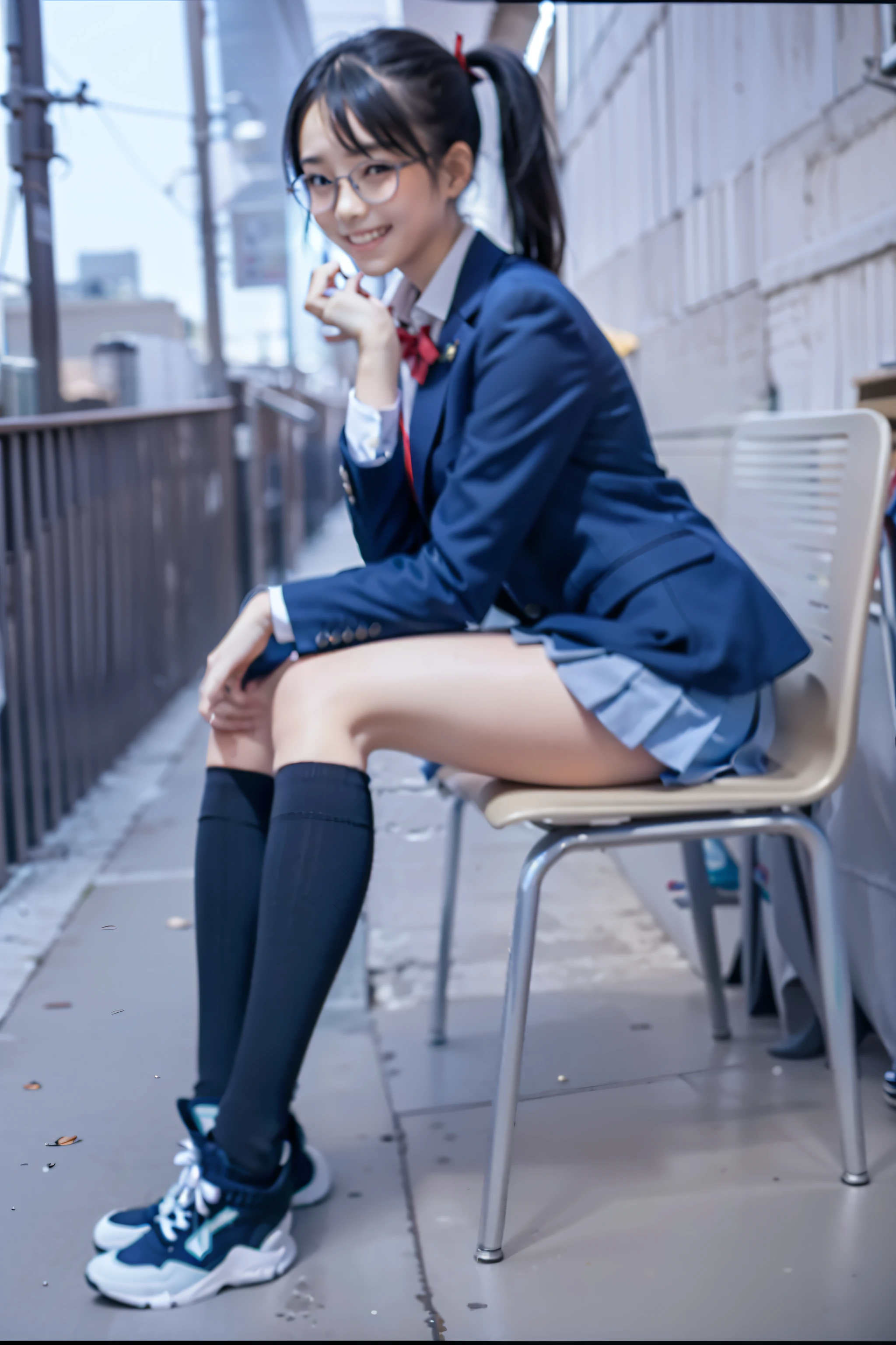 (8K), (highest quality: 1.2), (realistic), (realistic: 1.37), ultra high resolution, (1 girl、17 years old), cute, smile, closed mouth, beautiful details, beautiful nose, wet hair, giant dulcefo, pork, thighs，Self snap,High school Student Uniform,(A simple navy blue blazer),pleated skirt,(The skirt and tie are gray tartan check pattern....:1.3),(sitting:1), sit on the ground,(hug your feet:1),white pantyhose,from the front,knees、loafers、Low - Angle、From the front view、Checkered Pleated Skirt、Ponytail 1.2、Knee-high socks、barefoot、((Between the legs、Panties that fit the female genitals、White panties、膝を上げて、お尻を床に付けて座る))