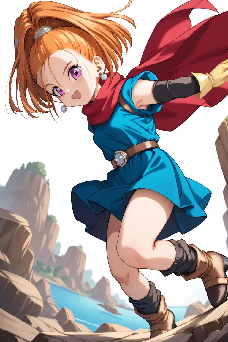 Fight with Barbara,alone,white_panties,(Shoot from below),(Wind from below),Thundercloud,dq6barbara High ponytail dress Cape Yellow gloves Belt Jewelry Earrings