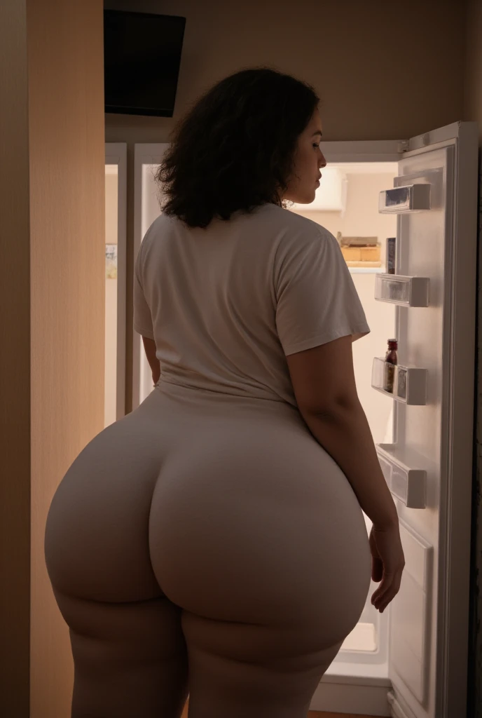 a close up of a person in a blue shorts in front of a refrigerator, thicc, pawg, in the kitchen, thick thigs, big booty, low quality video, beautiful thick female, thick thighs, she has a jiggly fat round belly, booty shorts, 🐎🍑, thick, curvy accentuated booty, foodporn