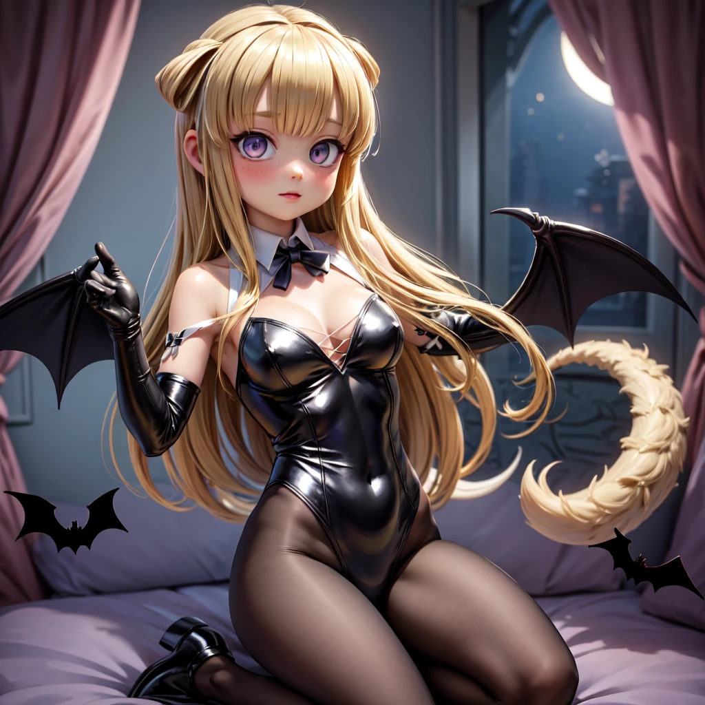 21 years old, dejected, inconvenienced, Solo girl, all alone, Young woman, lying down in her bed, Reaper girl, young demon girl, small girl, skinny girl, very long blonde twintails, red eyes, tight black crop top latex swimsuit, black pantyhose, tiny demon wings, long black cape, demon horns, arms behind the back, straight elbow, black latex armbinder, both arms in the same black latex sleeve, singleglove, monosleeve, covered in a sweaty mess, huge orgasm, losing control, quivering, view from the back, tight leather belts wrapped arround her chest, tight leather belts wrapped around her legs, perfect hips, perfect round butt, black leatehr belt harness wrapping around her body