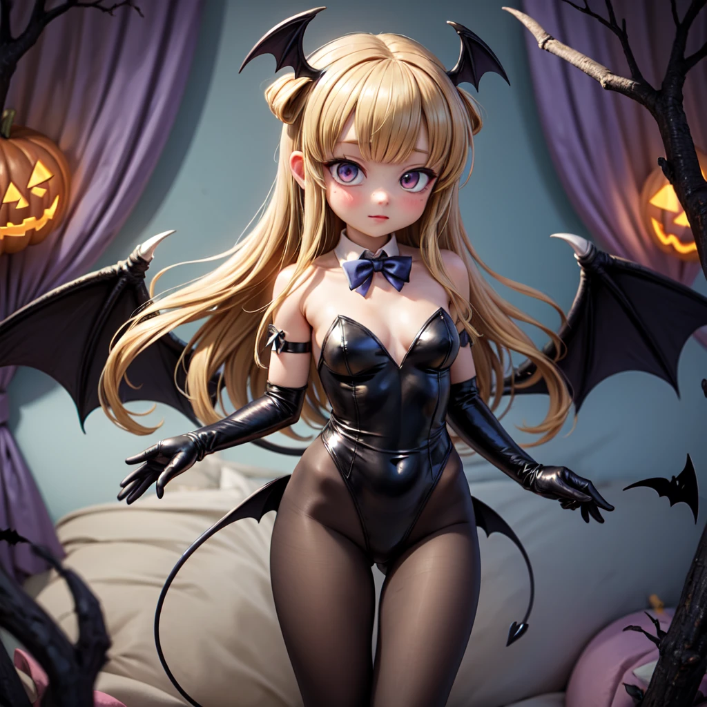 An adorable succubus (Kate Mara (age 25_ violet skin, twin scorpion tails, tattoos, leathery bat wings, flirting, golden body jewelry, safe for work), in the bedroom