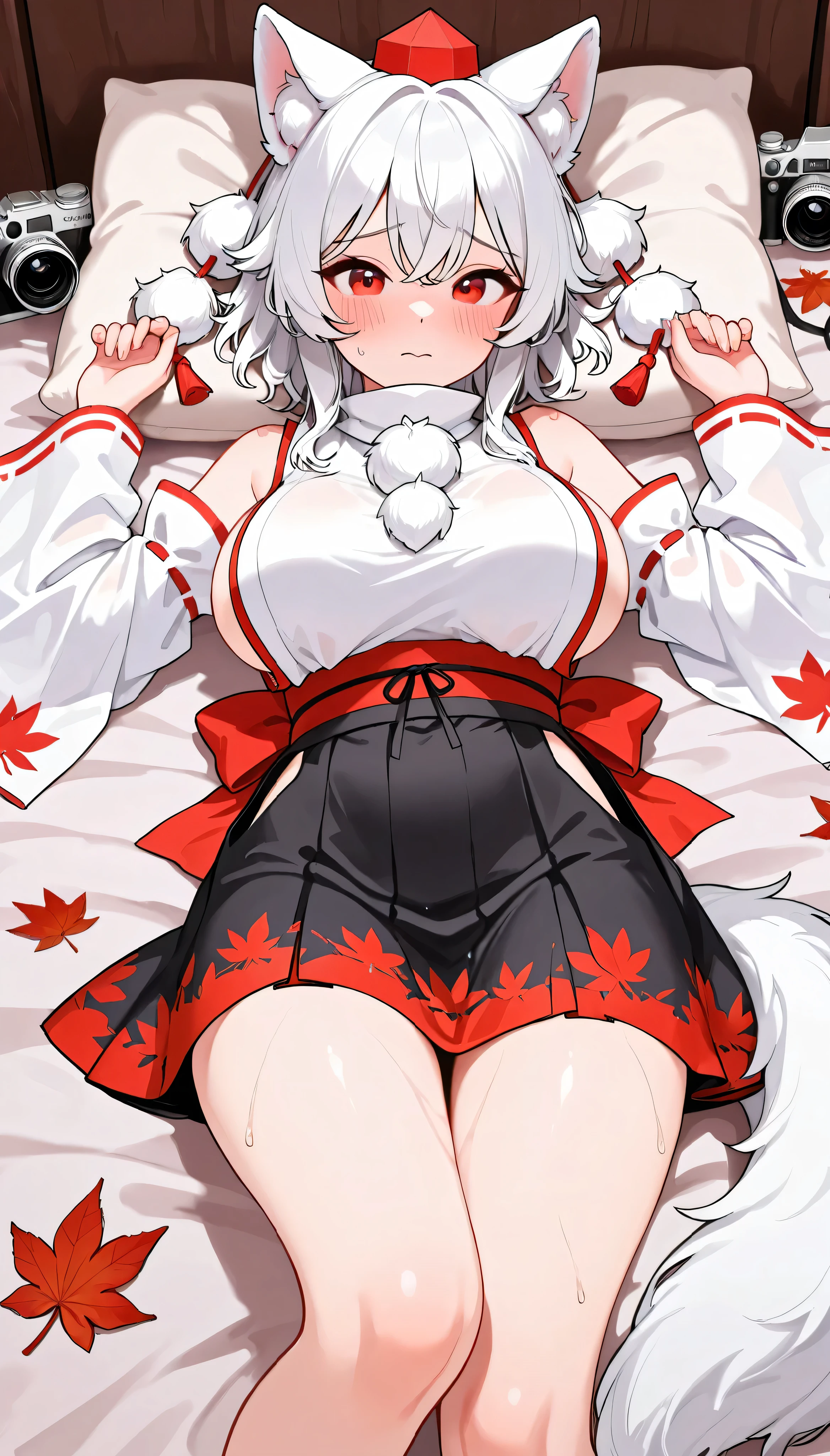 Inubrashiri Momiji Characters from TouHou Games, 1 girl, Short white hair, White Wolf Ear, White wolf tail, Red tengu hat with white pompoms, cuteมาก, Super sexy, cute, (( Women's Big Bust )), lying in bed , shy, redhead, Best Quality, Black Skirt with Red Maple Leaf Pattern, wet penis ((She was separating.)), excellent work, White Miko Dress , Dutch camera angle