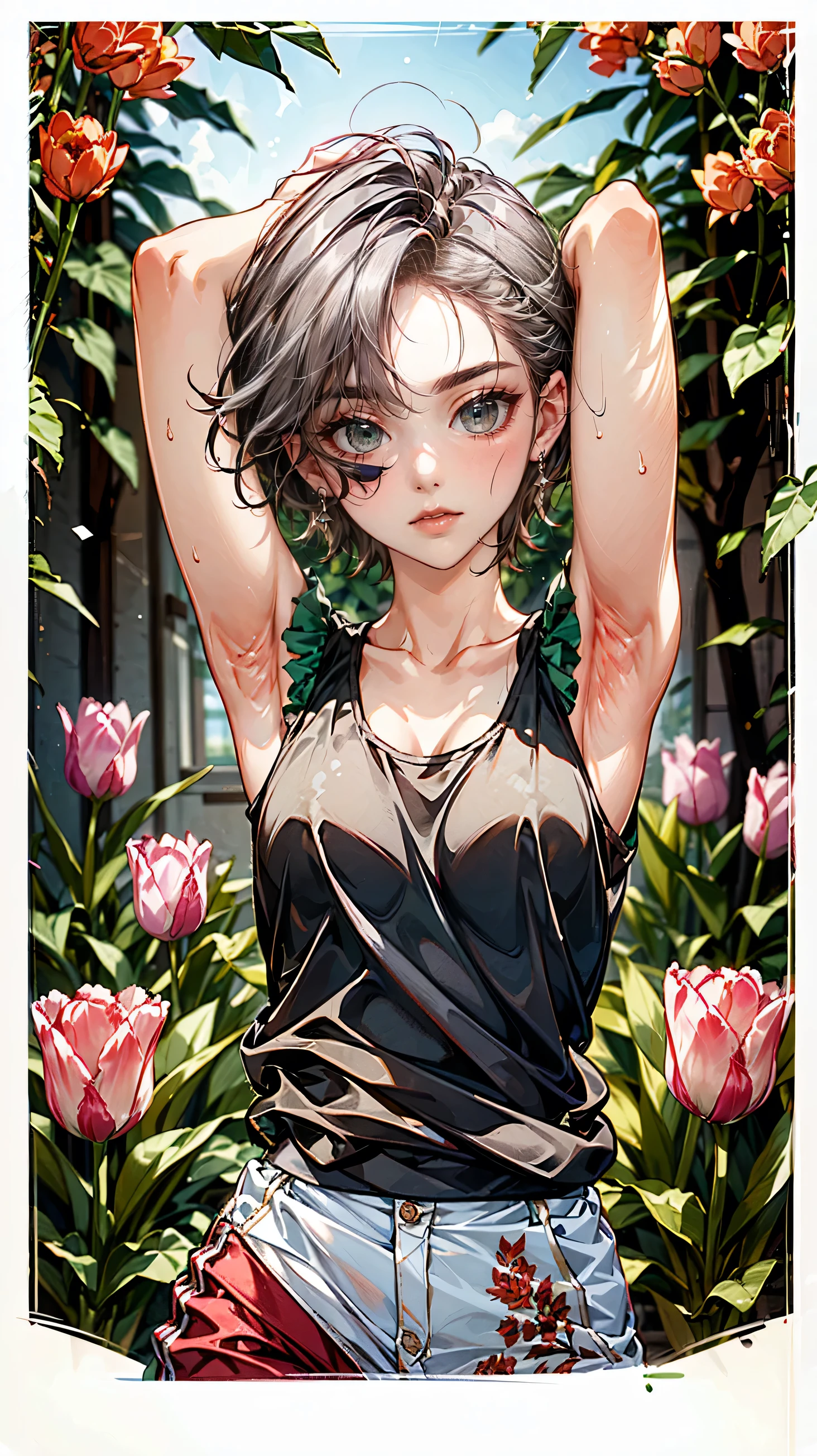 8k, masterpiece, best quality, ((Odd-eyed girl)), ((Heterochromia, red eyes, green eyes)), ((Sparkling and exquisite eyes)), long silver and purple hair, ((Transparent smooth white skin)), shiny skin, slender body, small breasts, ((Stretching with arms above her head in the morning sun in a beautiful tulip field)), ((Slightly sweaty body)), (Wearing a beautiful pink tank top with embroidery), red shorts, beautiful background, smiling face, armpits, anatomically correct, detailed fingers, more prism, vibrant color, ,OuterWorldAI