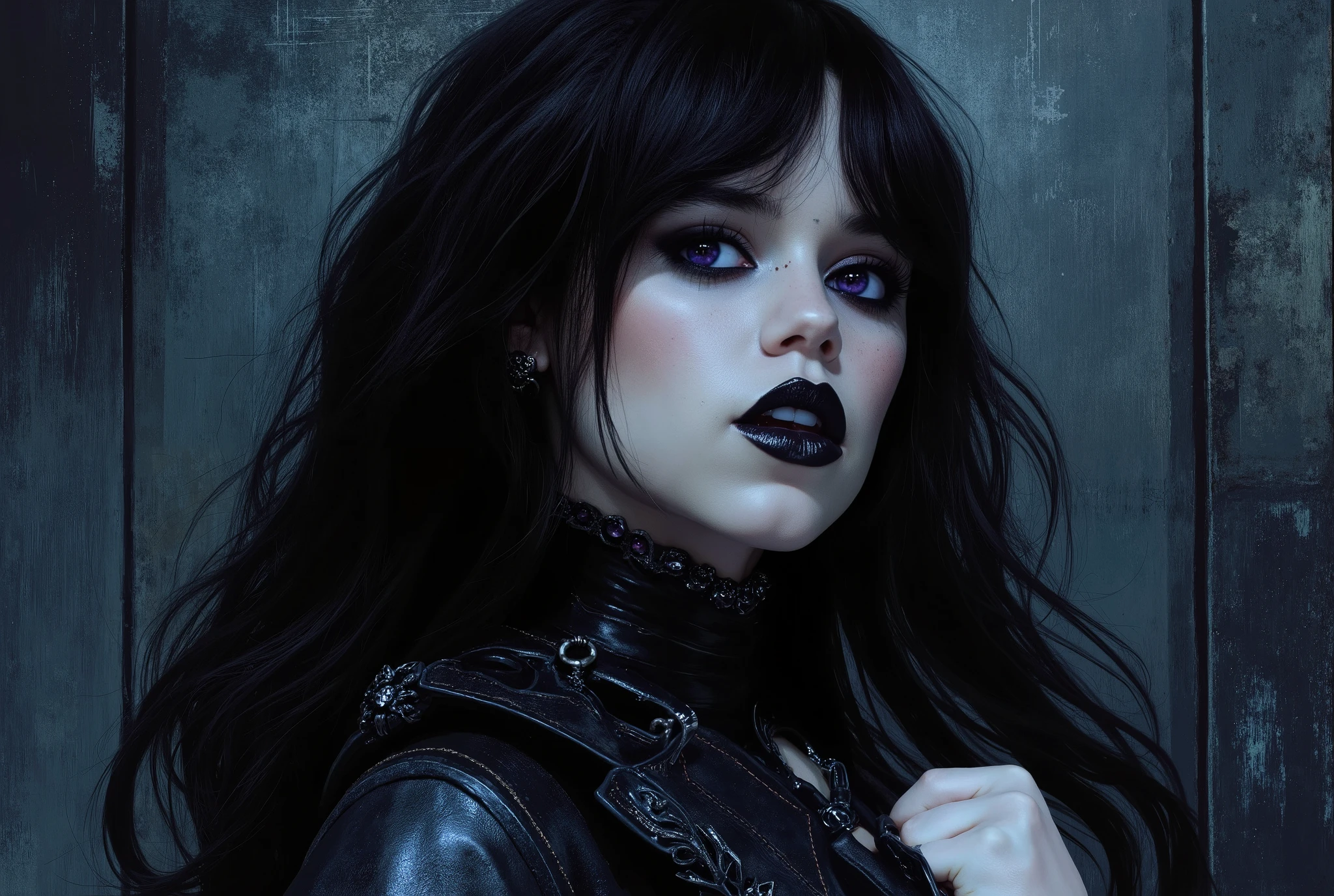 A highly detailed dark fantasy illustration of an extremely curvaceous stunningly beautiful enigmatic young woman portrayed by a young Anne Hathaway with pale skin black hair and violet eyes wearing edgy punk/metal clothing and gothic makeup in a post apocalyptic science fiction scene with a look on her face that is somewhere between inviting and alluring and sinister and mischievous. She has pale skin, striking violet eyes accentuated by dark gothic makeup, and full lips colored in a muted black shade. Her black hair flows down her back in voluminous waves, styled in a slightly tousled manner that adds dynamism to the portrait. The lighting is soft and diffused, casting subtle shadows and highlights that emphasize her facial features and the texture of her clothing while maintaining a somber mood. The background consists of dark, textured brushstrokes in shades of midnight blue and charcoal gray, which enhance the overall mysterious atmosphere without drawing attention away from the subject. The color palette includes deep blacks, pale porcelain whites, and accents of midnight blue, contributing to the dark urban fantasy aesthetic. The composition centers on the character's intense gaze, creating a captivating portrait with an alluring and sinister expression.