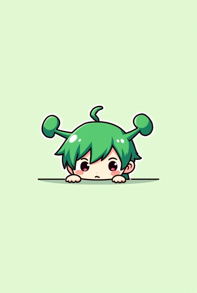 Make a symmetrical alien anime boy with green hair and green alien antennas, Make the art style super simple and cute, simple hair, simple features